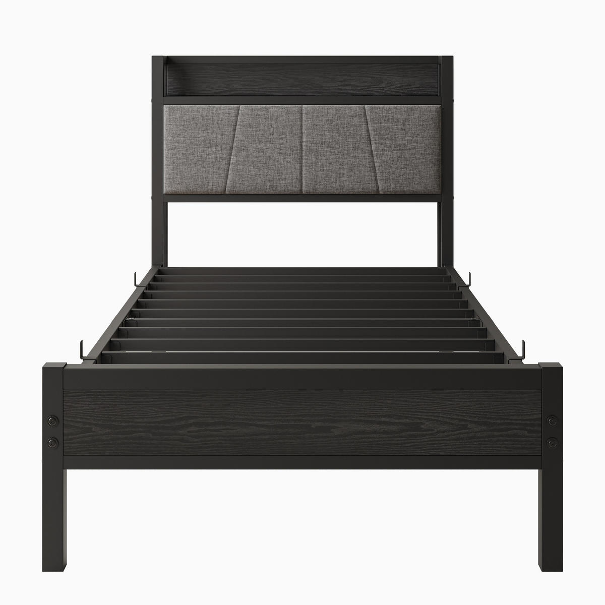 METALLBETT 90/200 mit Gepolstertes Kopfteil und Steckdose Jugendbett ohne Matratze, 27 cm Bodenfreiheit - Schwarz/Grau, Holzwerkstoff/Textil (90/200cm) - STILVORA