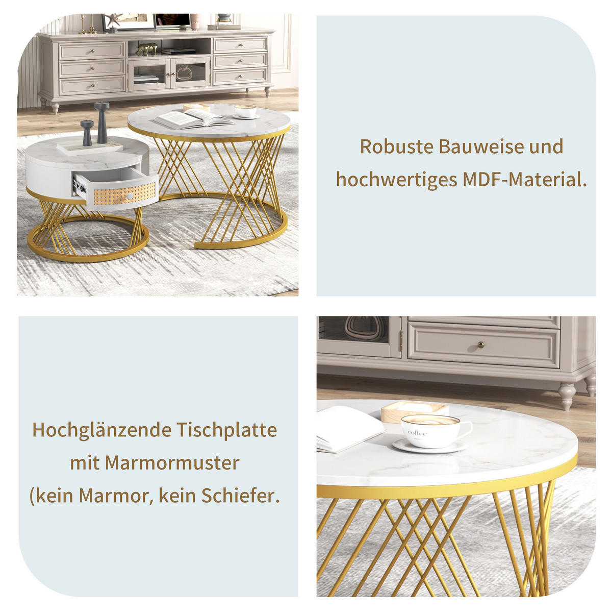 COUCHTISCH-SET 70/70/45,5 + 50/50/38,5 cm in Weiß mit Schublade und Marmormuster - Weiß, Holzwerkstoff (70/70/48cm) - Flora Grace