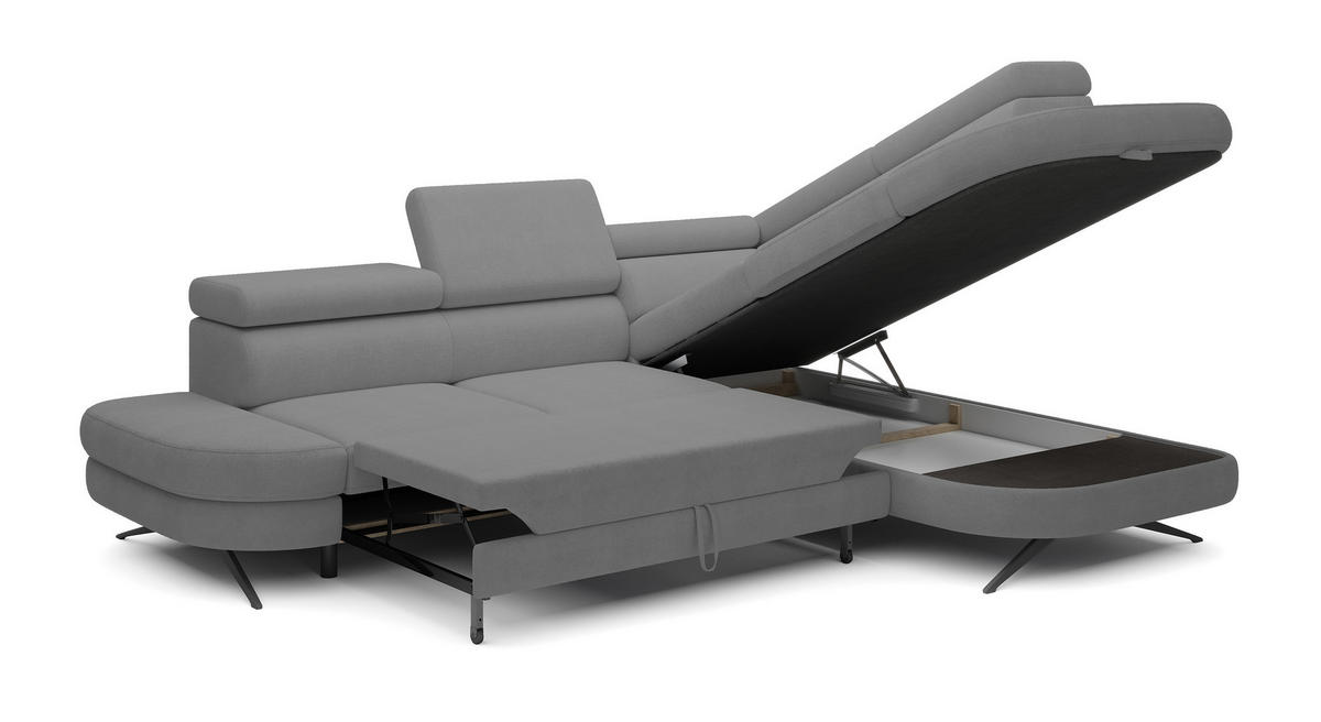 ECKSOFA OTIS L-förm, Schlaffunktion, verstellbare Kopfstützen, in AURORA-Stoff, lose Rückenkissen, freistehend, RECHTS 276x218x97 cm Grey - Grau, Holz/Textil (276/218cm) - DomoHome