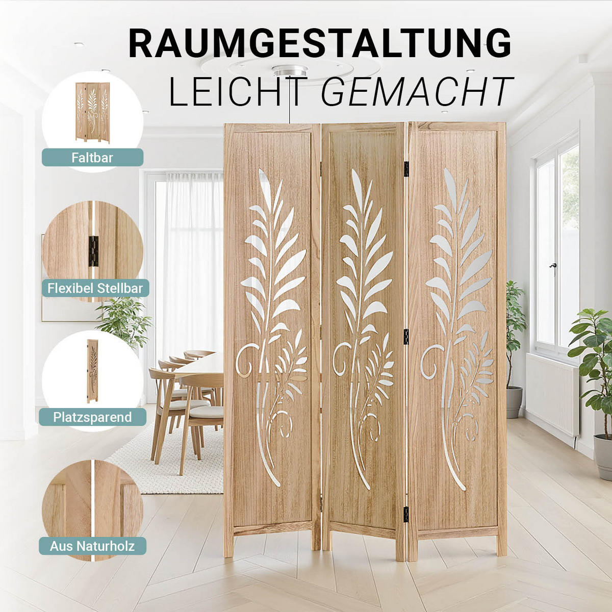 PARAVENT 120/170 cm Natur Holz faltbar - Naturfarben, Holz (120/170/2cm) - Homestyle4u