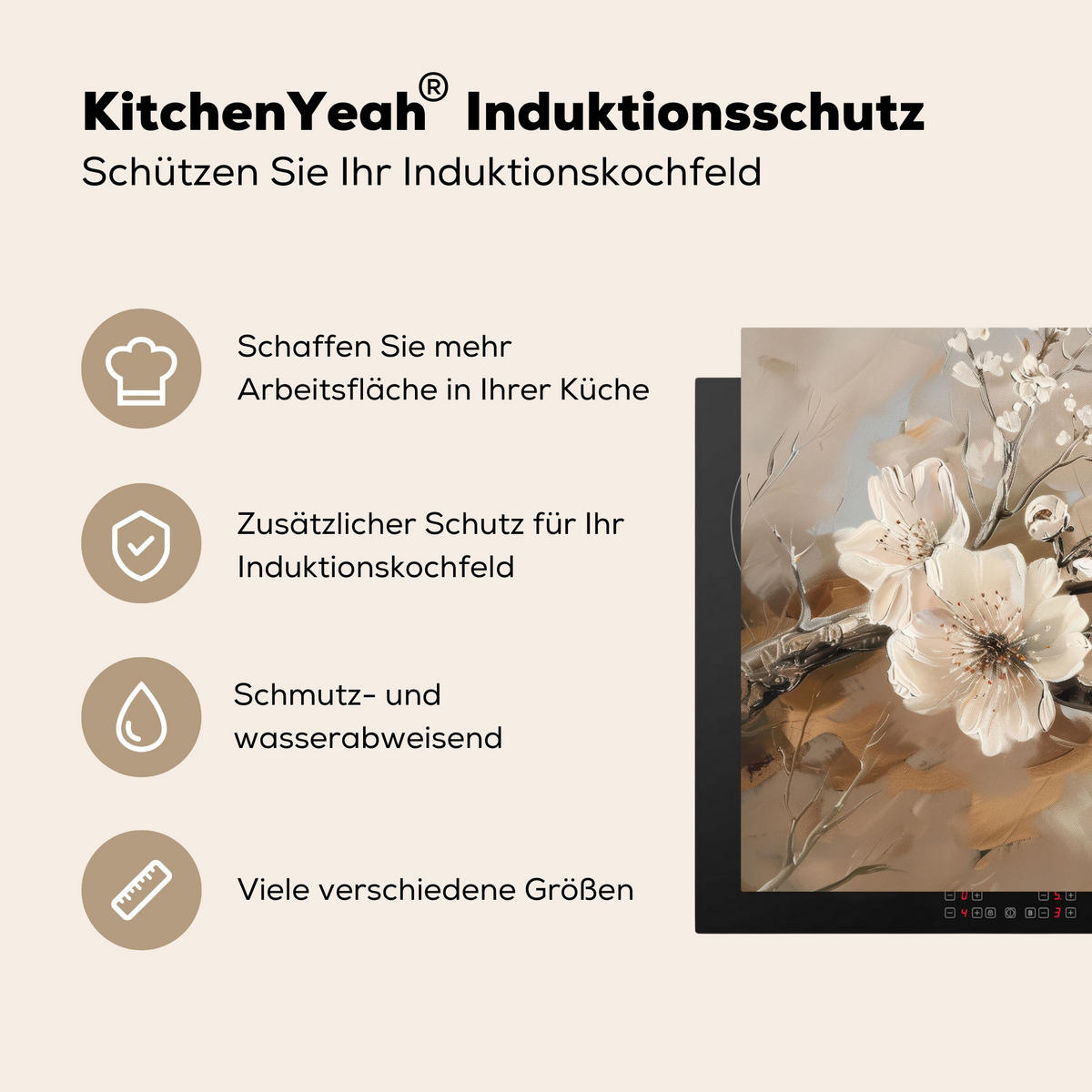 HERDABDECKPLATTE Blumen - Abstrakt - Gemalt - Beige 81x52 cm - Beige, Kunststoff (81/52/0.2cm) - MuchoWow