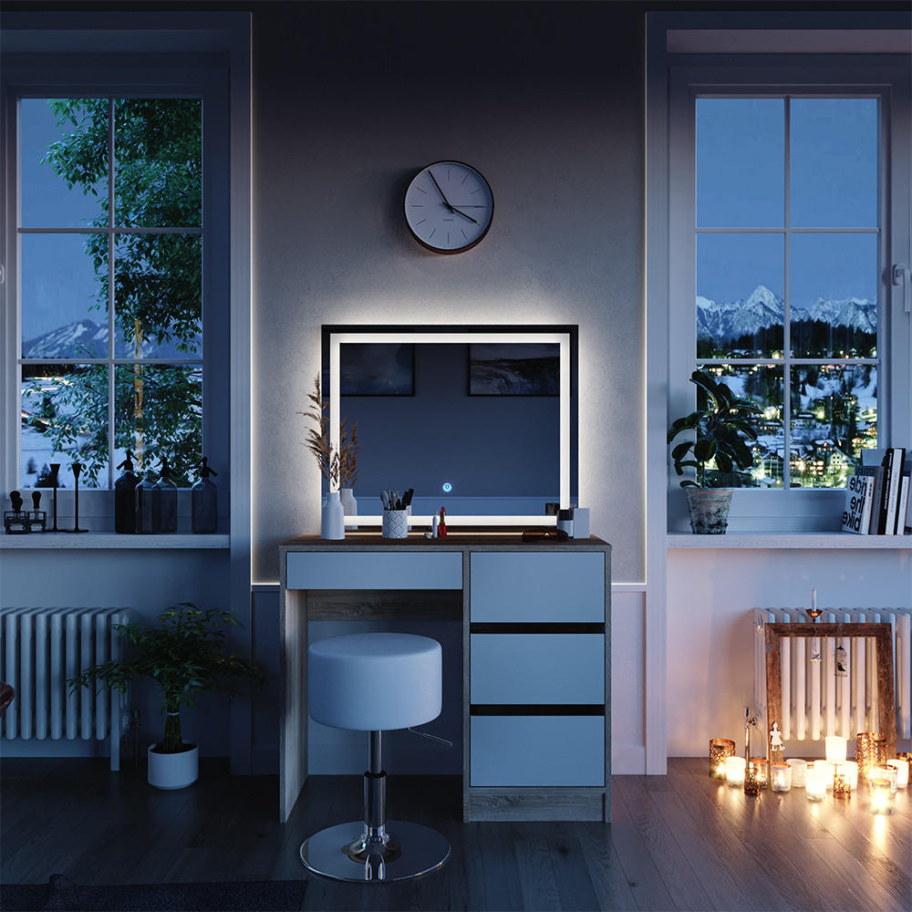 SCHMINKTISCH Sherry Sonoma 90 cm mit LED-Spiegel und Hocker - Weiß/Sonoma Eiche, Holzwerkstoff (90/75/40cm) - Vicco