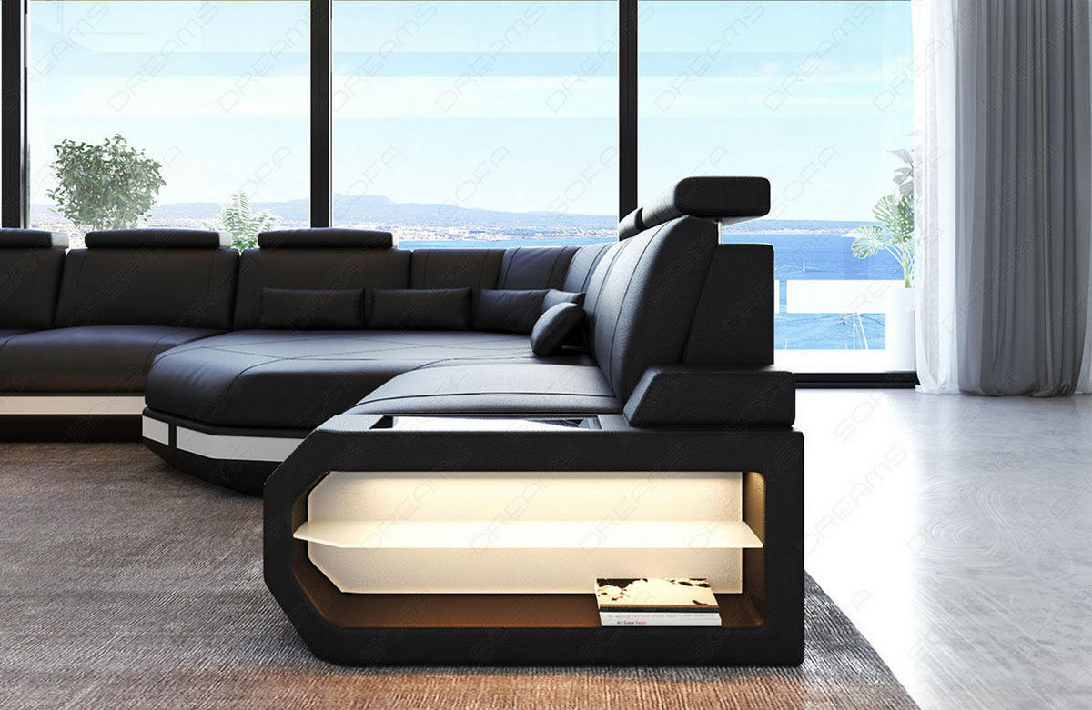 WOHNLANDSCHAFT Asti U Mini - Schwarz/Weiß, Leder (352/93/280cm) - Sofa Dreams