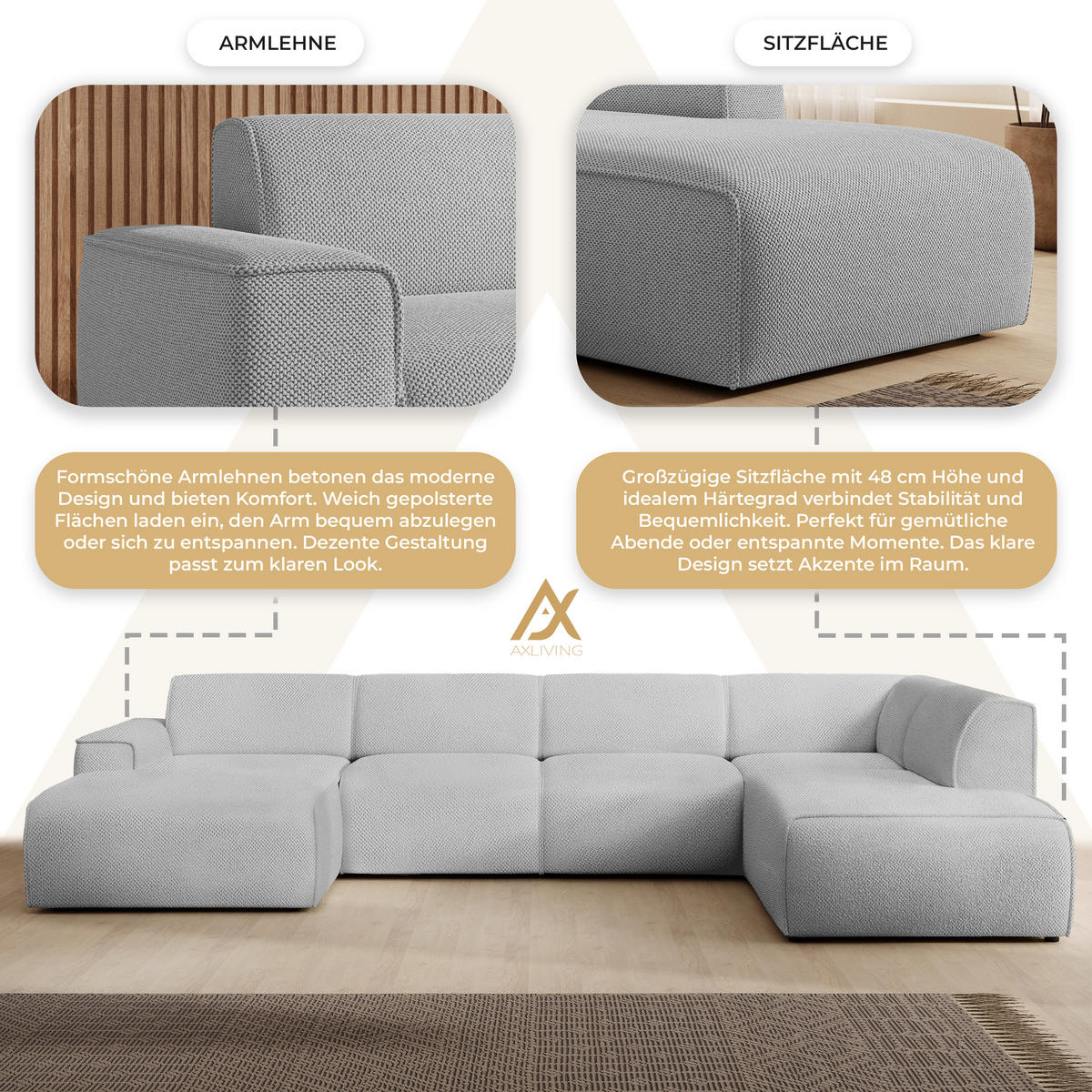 WOHNLANDSCHAFT Didim Greige 378/220/78 cm – großes Sofa stilvoll & bequem R - Greige/Schwarz, Kunststoff/Textil (378/78/220cm) - AX Living