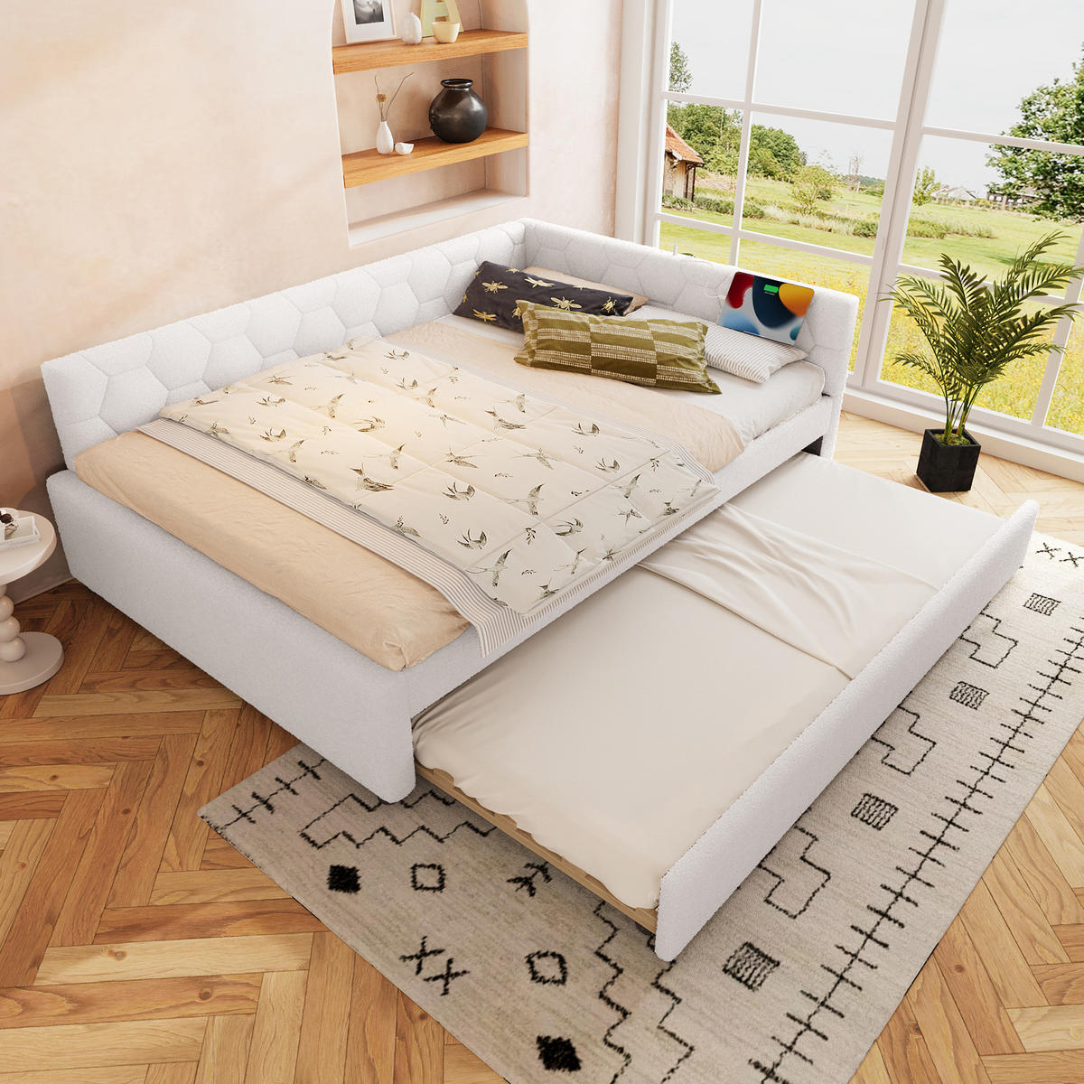 POSTEL 140/200 cm bílá z MDF a sametové látky s výsuvným lůžkem USB a lampičkou - bílá, textil (140/200cm) - OKWISH