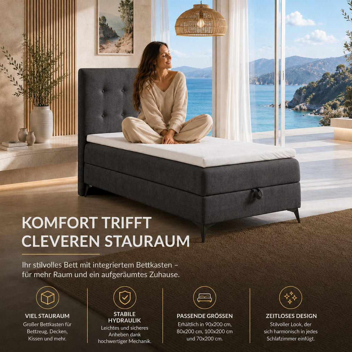 BOXBETT K15 Single SLIM mit Bettkasten & Bonell-Federkern inkl. Topper - Dunkelgrau, Holz/Textil (200/90cm) - Best For Home