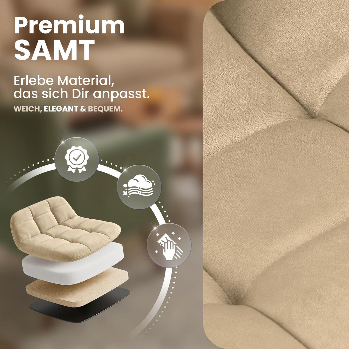 STUHL Samt Creme - Champagner/Schwarz, Textil/Metall (45/84/55cm) - CLP