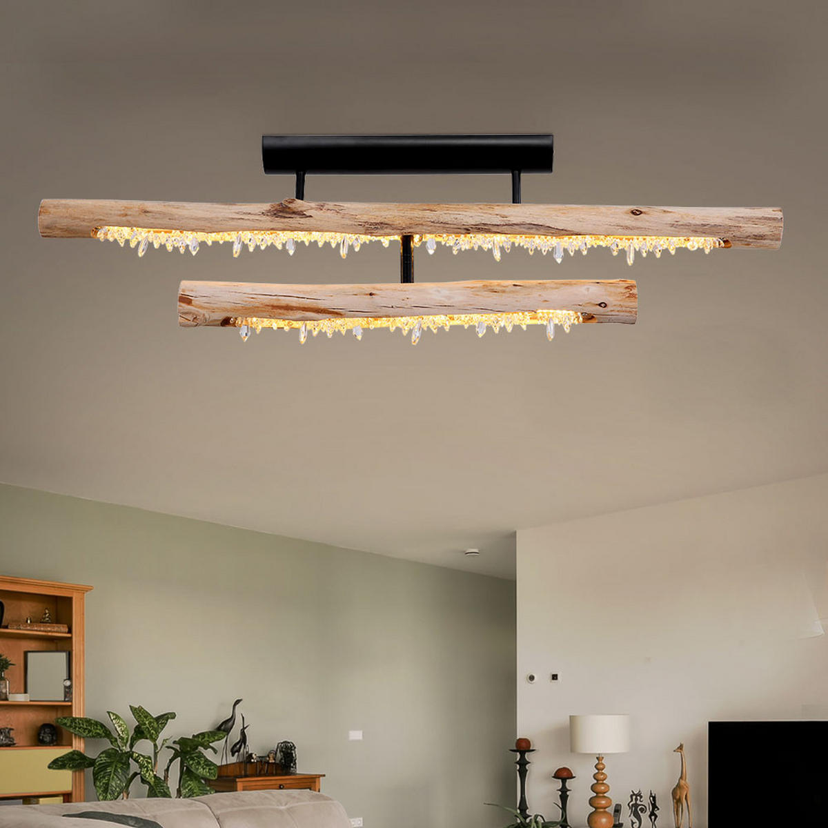 LED DECKENLEUCHTE Felicitas Schwarz Kristalloptik - Schwarz, Holz (100/8/30cm) - Globo Lighting