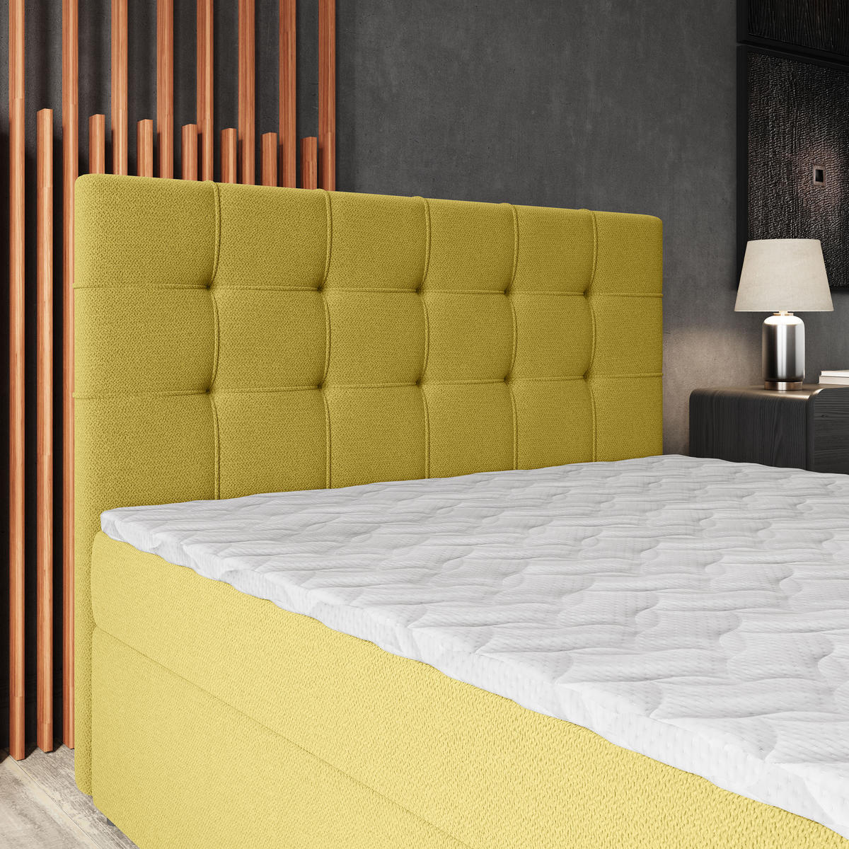 BOXBETT PALMA 140x200 cm mit Matratze und Topper, H2+H3 - Gelb - Gelb, Holz (140/200cm) - MASSENO