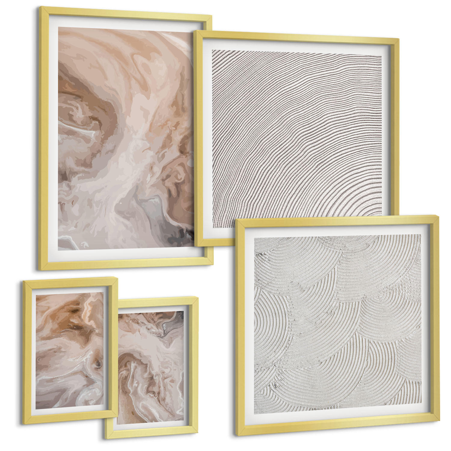 BILDER SET 5er Set - 50x50 cm & 20x30 cm & 40x60 cm Goldrahmen - Marmorstein-Texturmuster - Goldfarben, Kunststoff (40/60cm) - TULUP