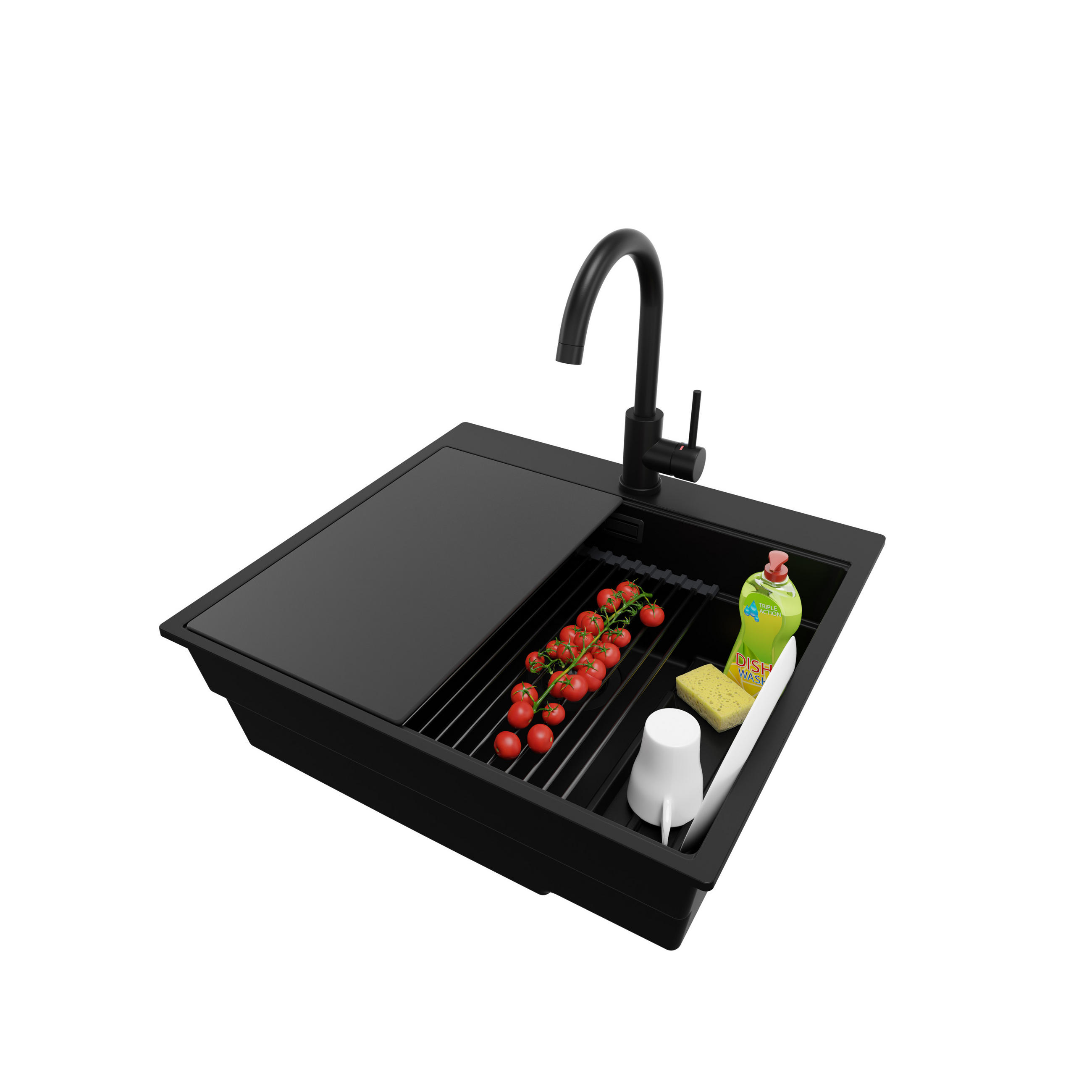 GRANITSPÜLE Oslo Max, 2-er set Alles Schwarz 58/53 cm 1 Becken + Küchenarmatur 32/20 cm + Ablauf-Set + Küchenzubehörset ab 60er Unterschrank - Schwarz, Kunststoff (58/20/53cm) - Primagran