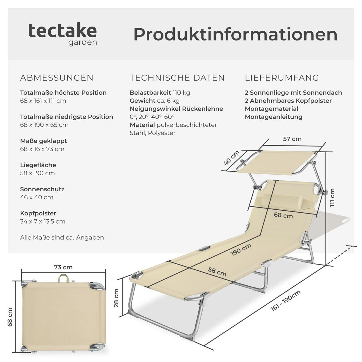 SONNENLIEGE 2er Set Chloé, 190 x 68 x 111 cm, beige - Beige, Kunststoff (68/65/190cm) - tectake