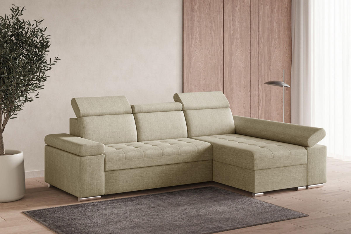 ECKSOFA mit Schlaffunktion Luka L Twist 01 - Beige - Links - Beige/Silberfarben, Holzwerkstoff (260/168cm) - Möblo