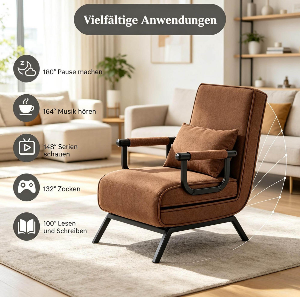 SCHLAFSESSEL 65/78/75 cm in Braun, 3-in-1 mit Schlaffunktion - Braun, Metall (65/78/75cm) - BEAOK