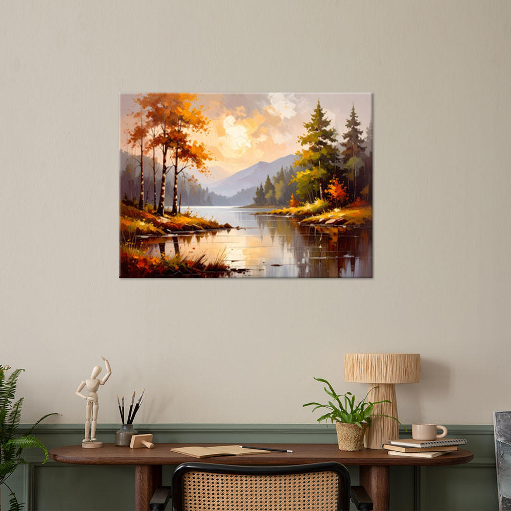 LEINWANDBILD Fluss Bäume Berglandschaft 120x80cm - Beige, Textil (120/80cm) - Feeby