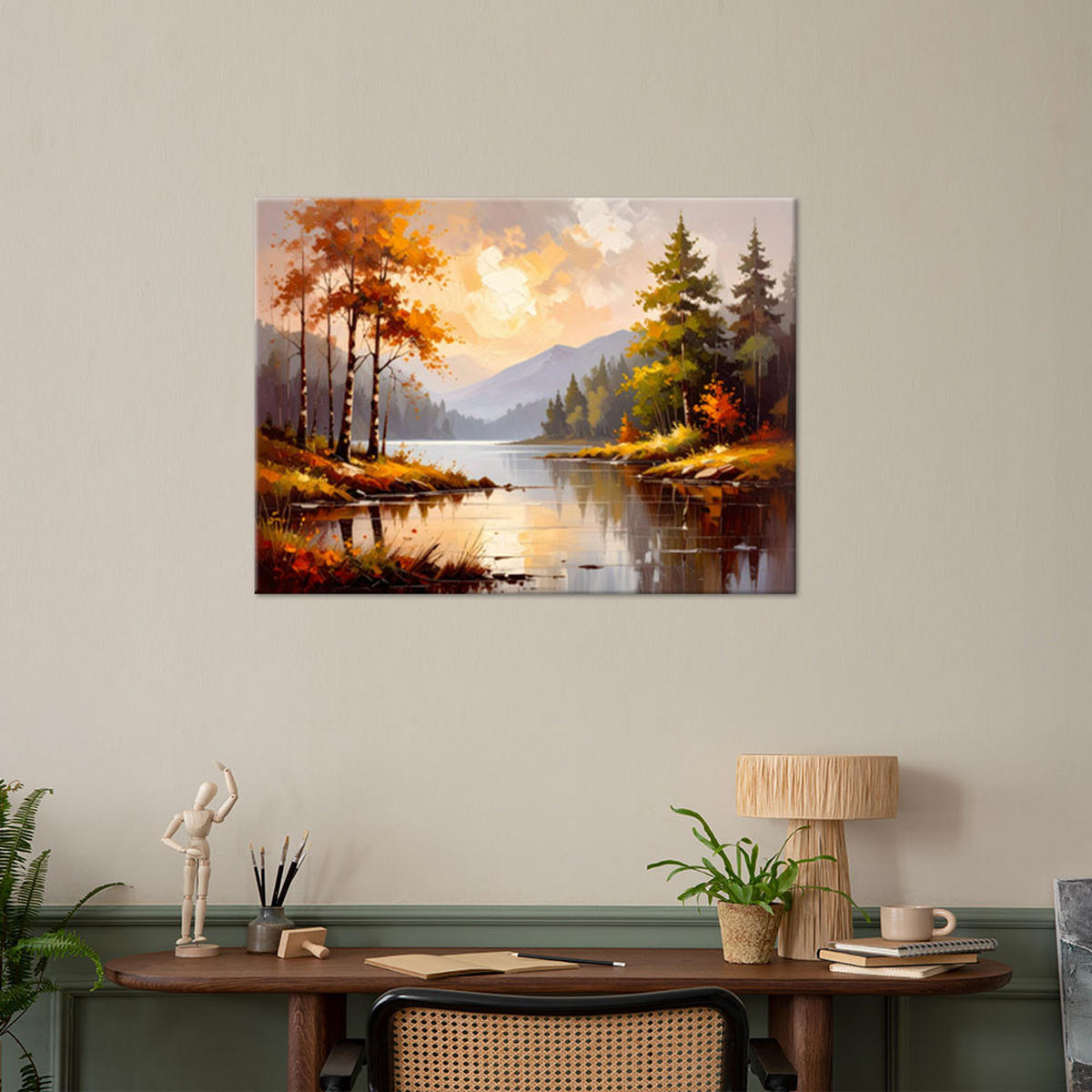 LEINWANDBILD Fluss Bäume Berglandschaft 100x70cm - Beige, Textil (100/70cm) - Feeby