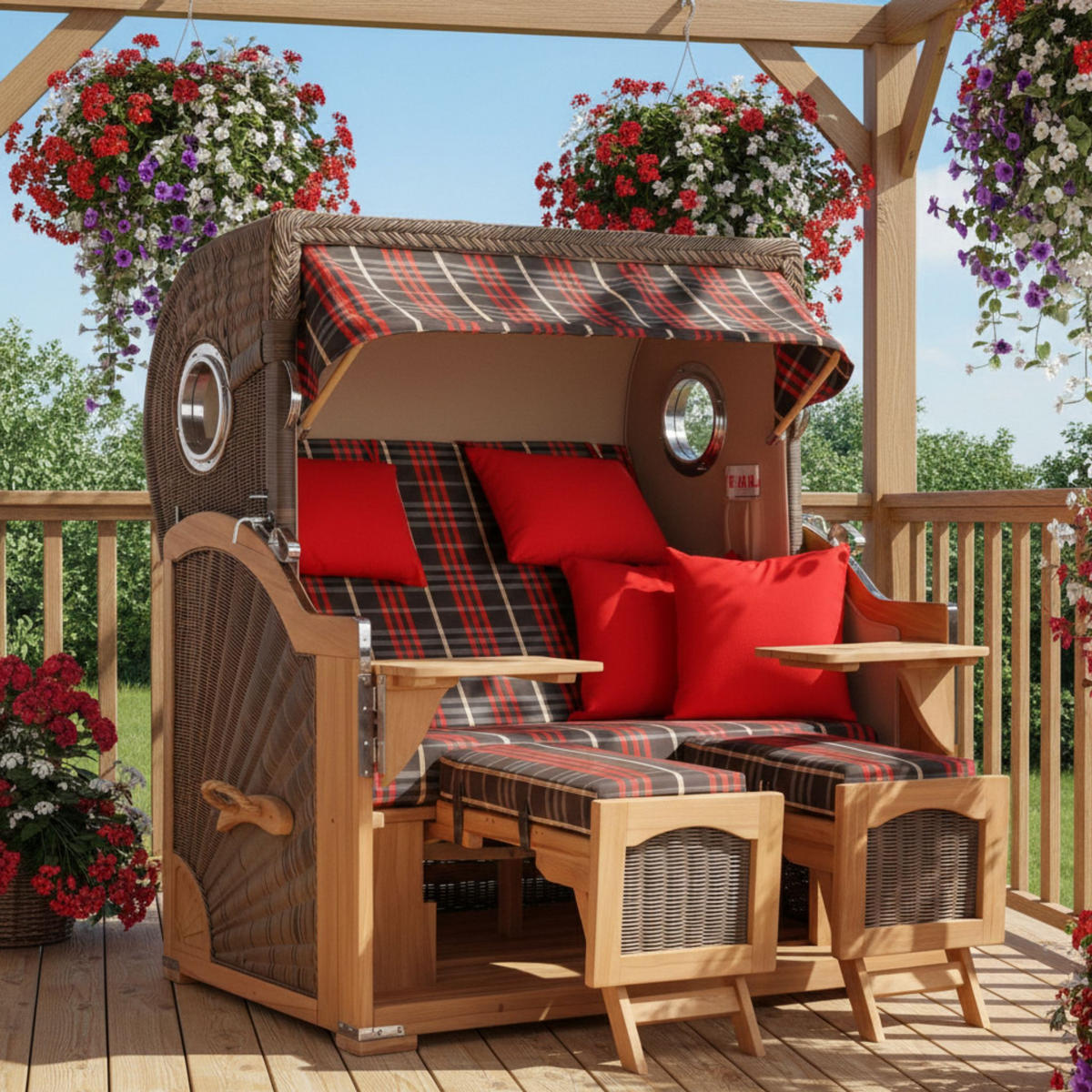 STRANDKORB Komplettset Düne Grande Teak Bullauge PE Grey Dessin 529 - Rot/Braun, Naturmaterialien/Metall (142/170/95cm) - Mr. Deko