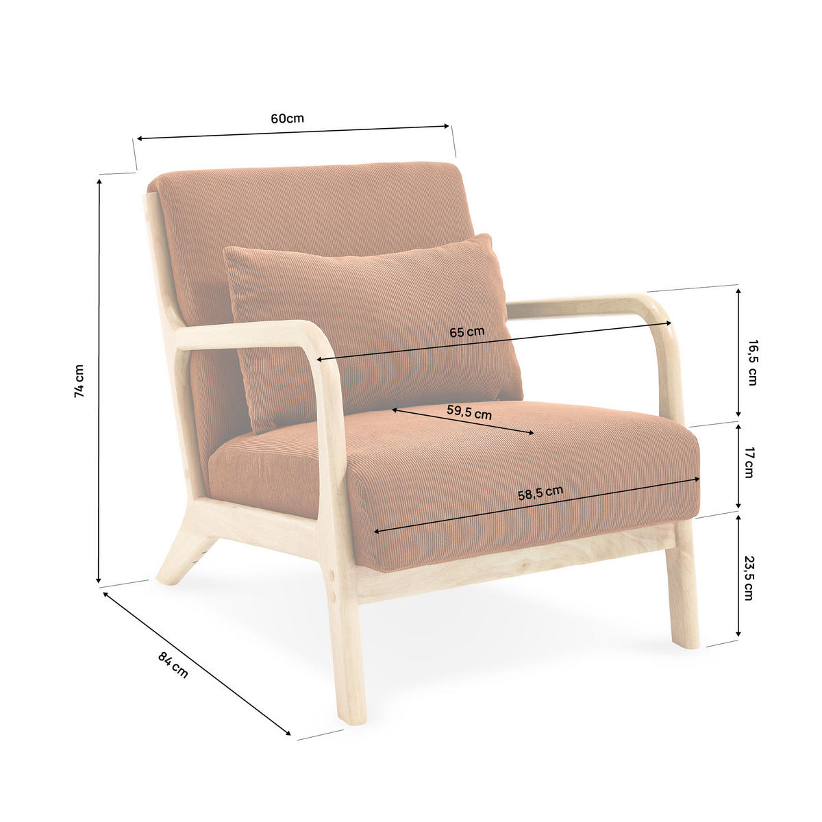 VINTAGE-SESSEL Marie aus skandinavischem Cord und Holz in Terrakotta - Rot/Akaziefarben, Holz/Textil (65/74/84cm) - Sicaan