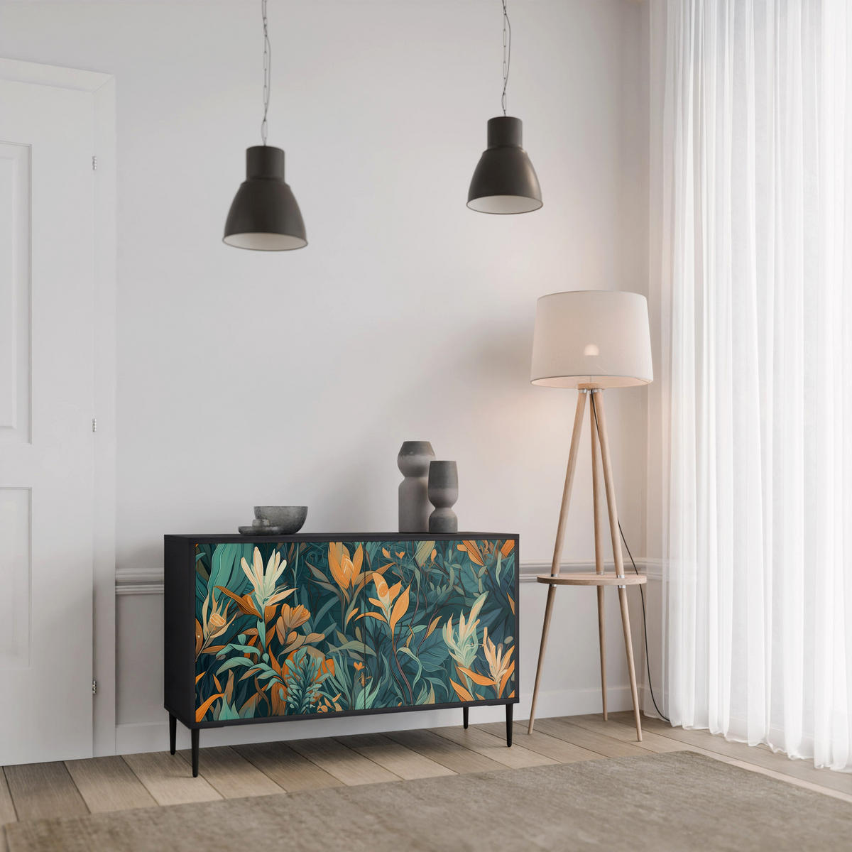 SIDEBOARD FLORAL SERENITY, Eicheneffekt, 111x42x77,5 cm, 2 Türen - Eichefarben/Buchefarben, Holzwerkstoff/Buchenholz (111/77.5/42cm) - SpaceRebels
