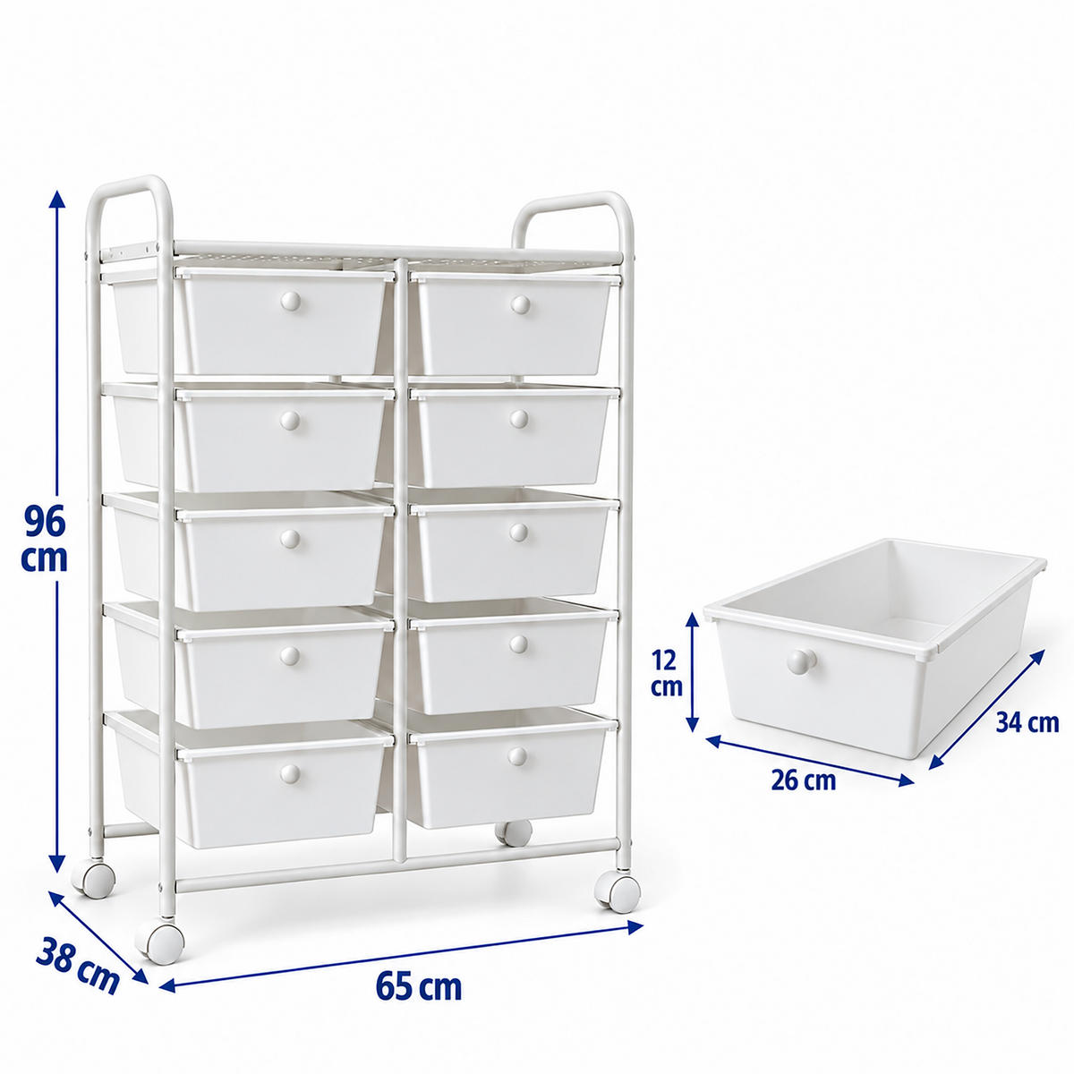 VOZÍK Bílý 10 zásuvek kov plast 96/65/38 cm - bílá, kov/plast (65/96/38cm) - Relaxdays