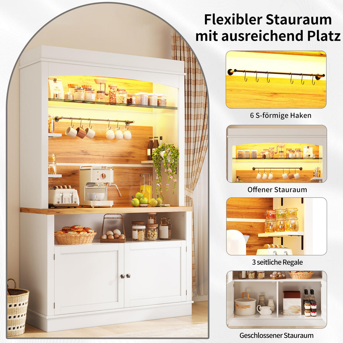 BUFFET 2er Set LED 184cm Glasregal Hakenleiste Weiß - Weiß, Metall (107/184/34cm) - FLIEKS