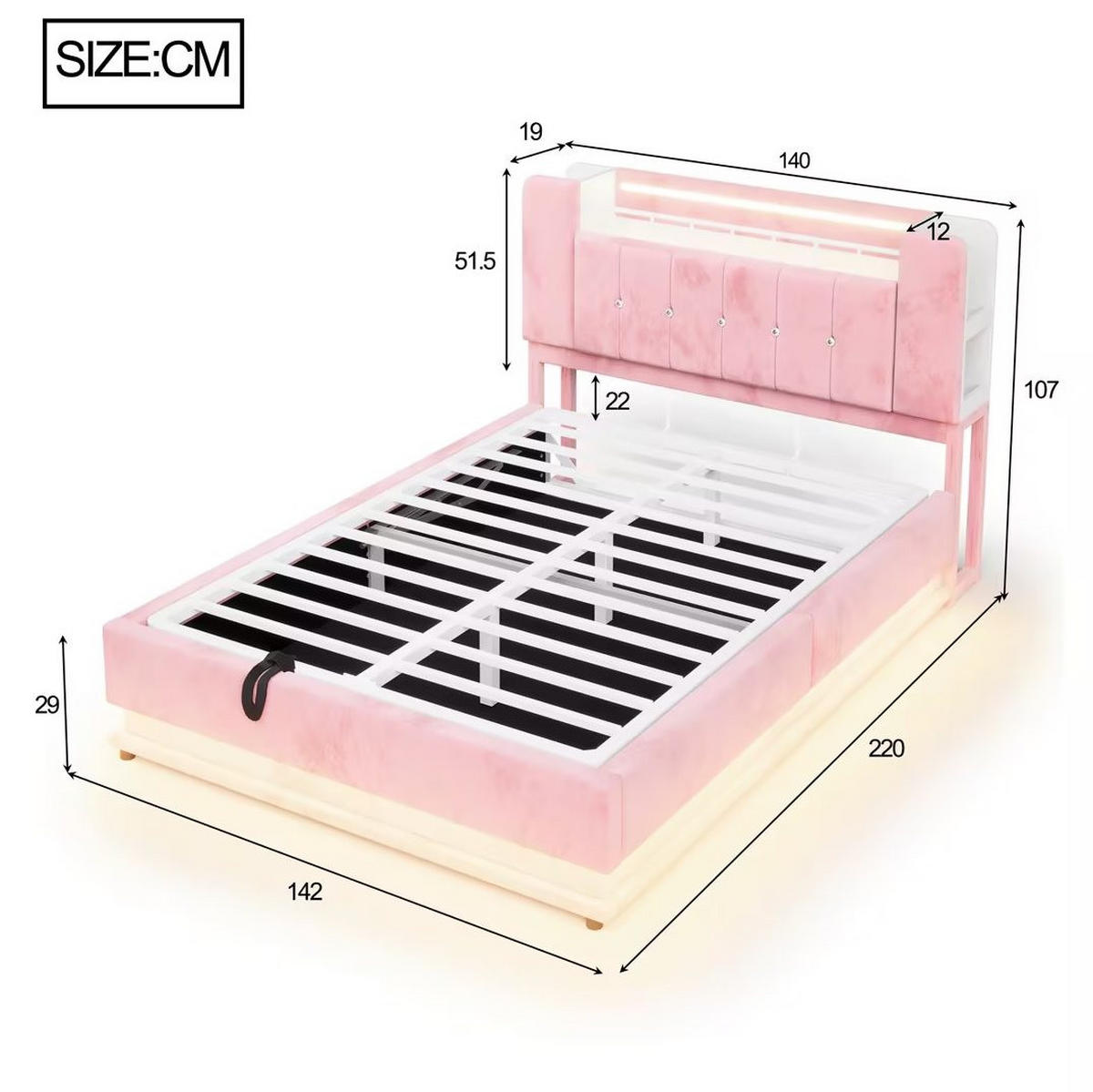 POLSTERBETT mit Samtbezug 140x200 cm Rosa mit LED-Beleuchtung, USB-Anschlüssen und Stauraum - Pink, Textil (140/200cm) - Modfu