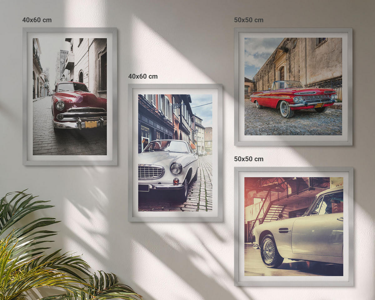 WANDBILDER 4er Set - 50x50 cm & 40x60 cm Silberner Rahmen - Oldtimer in Städten - Silberfarben, Kunststoff (50/50cm) - ArtPrintCave