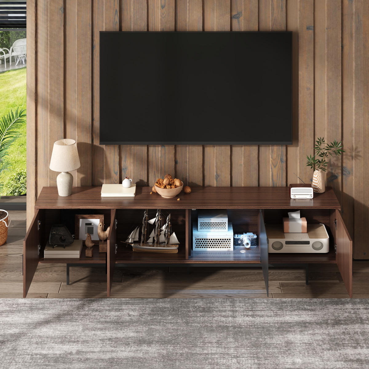 TV-ELEMENT200X35X53CM WalnussBraun Lowboard mit LEDLichtleiste und Glastür - Schwarz, Holz (42.19/24.61/62cm) - Raelunyi