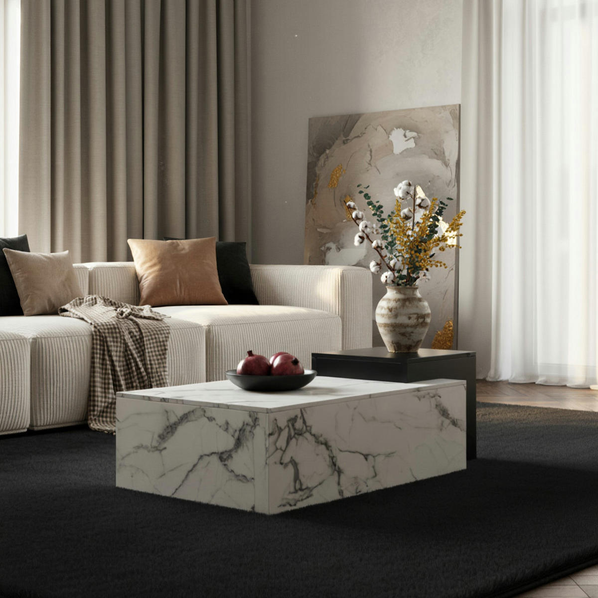 COUCHTISCH Weiß Schwarz Marmor-Optik Modern 120x60x40 cm Zwei Ebenen - Weiß, Holzwerkstoff (60/120/40cm) - KADIMA DESIGN