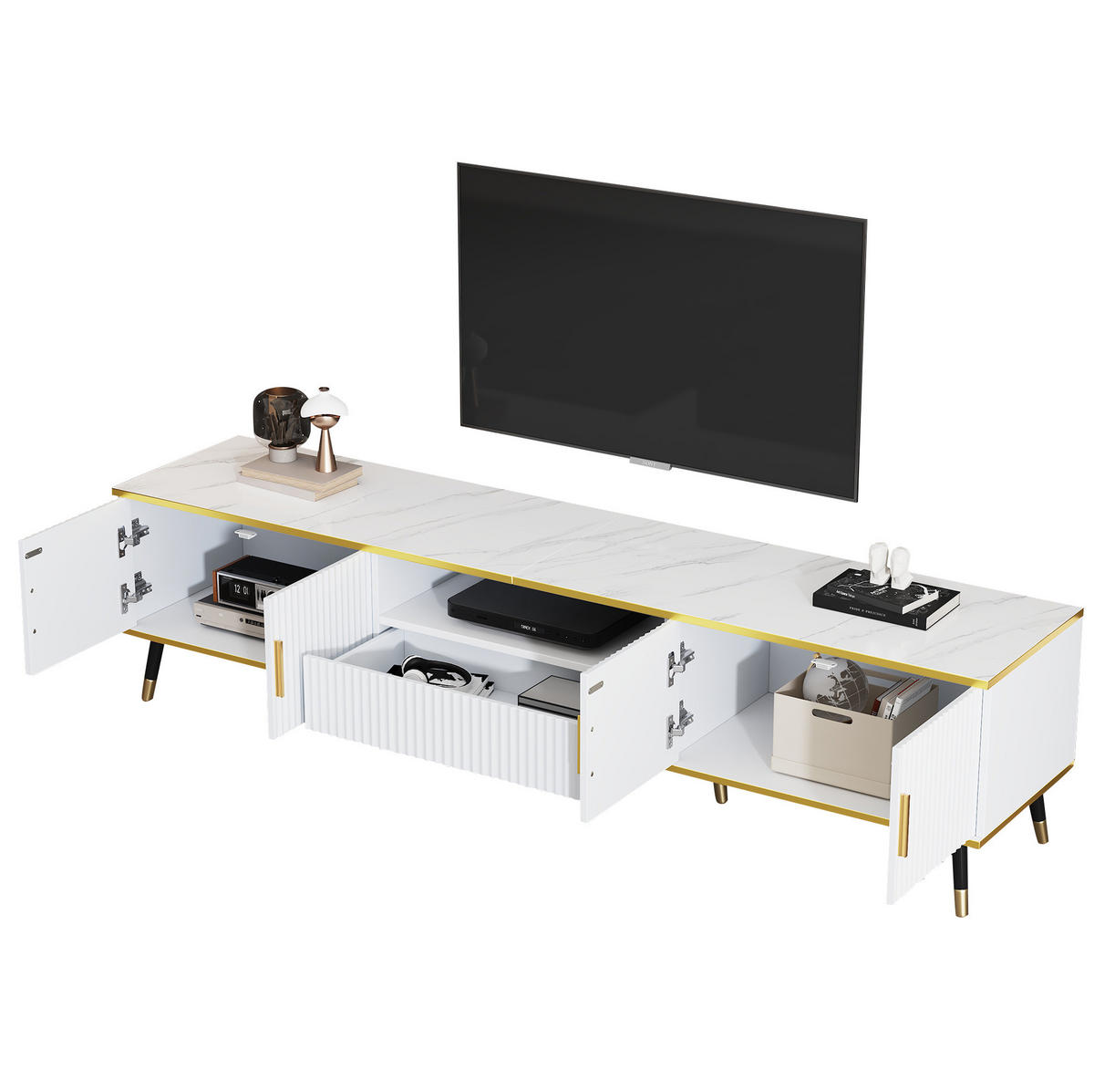 LOWBOARD 200/40/46 cm aus Spanplatte mit Marmoroptik und Kabelmanagement Weiß - Weiß, Holzwerkstoff (200/46/40cm) - Modenvie