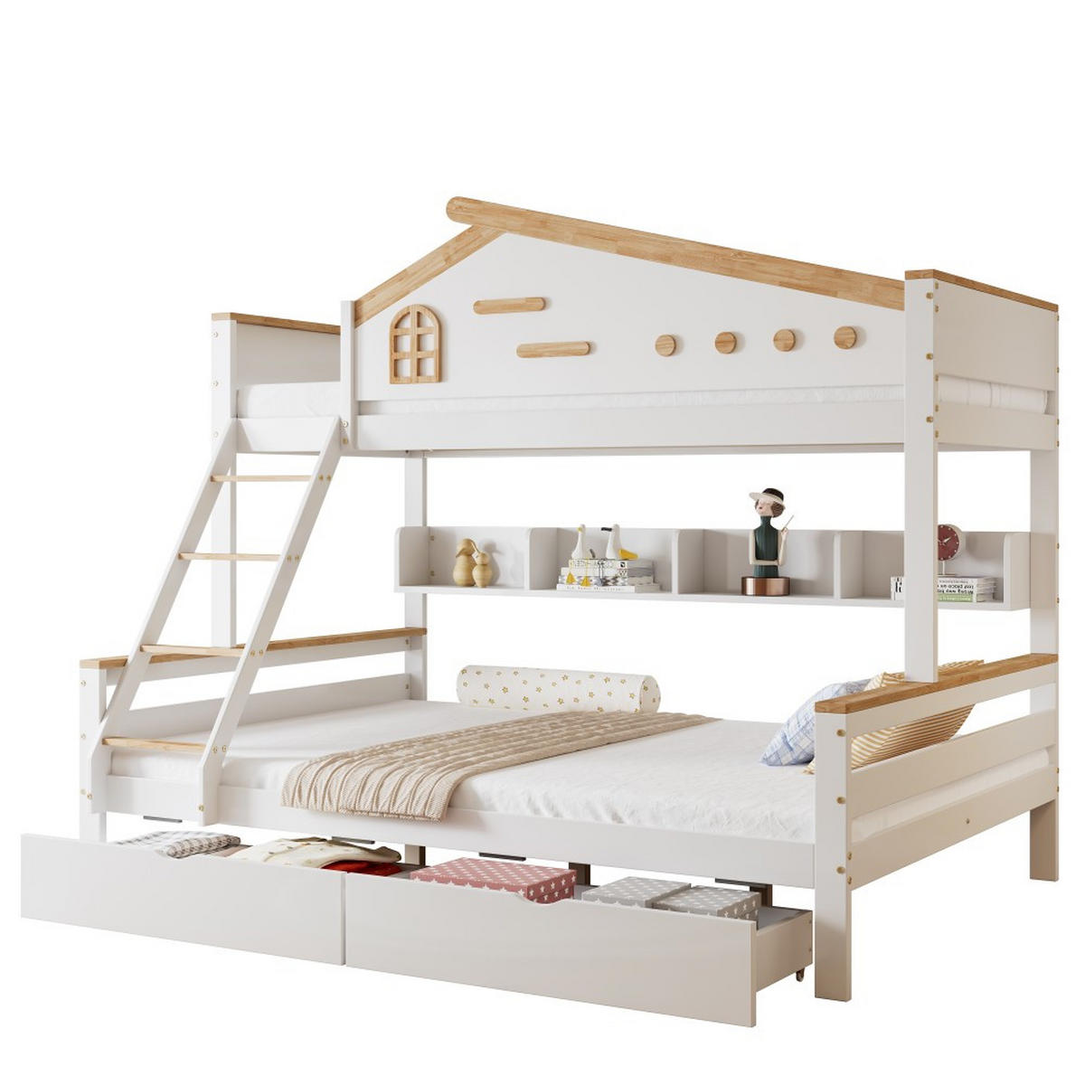 ETAGENBETT 90x200cm&140x200cm in Weiß+Natur mit Offenes Regal - Weiß, Holz (140/200cm) - KOMHTOM