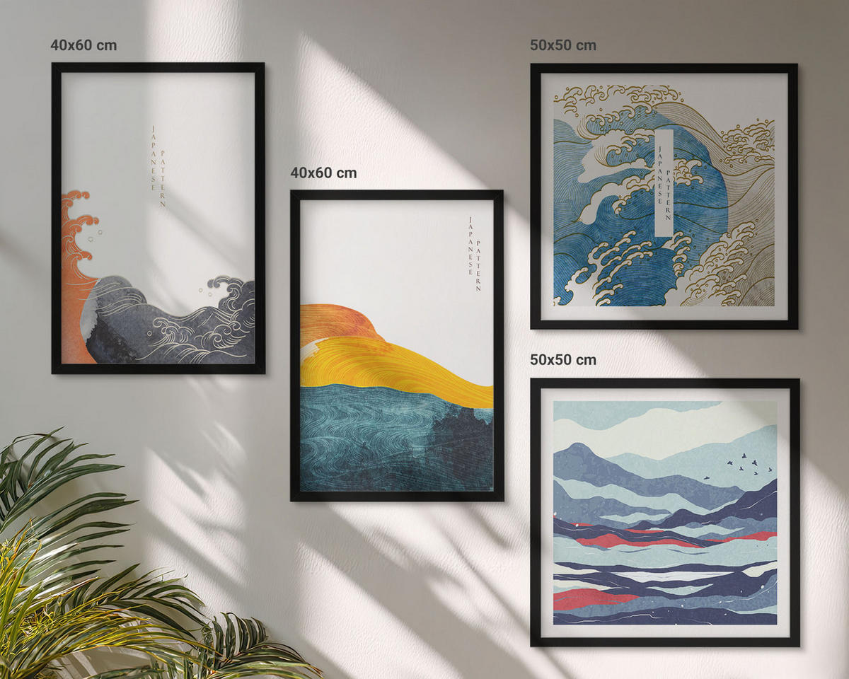 BILDER SET 4er Set - 50x50 cm & 40x60 cm Schwarzer Rahmen - Wellen – Japanische Kunstgrafik - Schwarz, Kunststoff (50/50cm) - TULUP