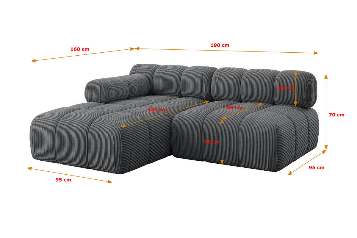 ECKSOFA modulares Sofa Razon-L1 - 190x160x70 cm Dunkelgrau Cord - Dunkelgrau, Holzwerkstoff/Textil (190/160cm) - ALTDECOR