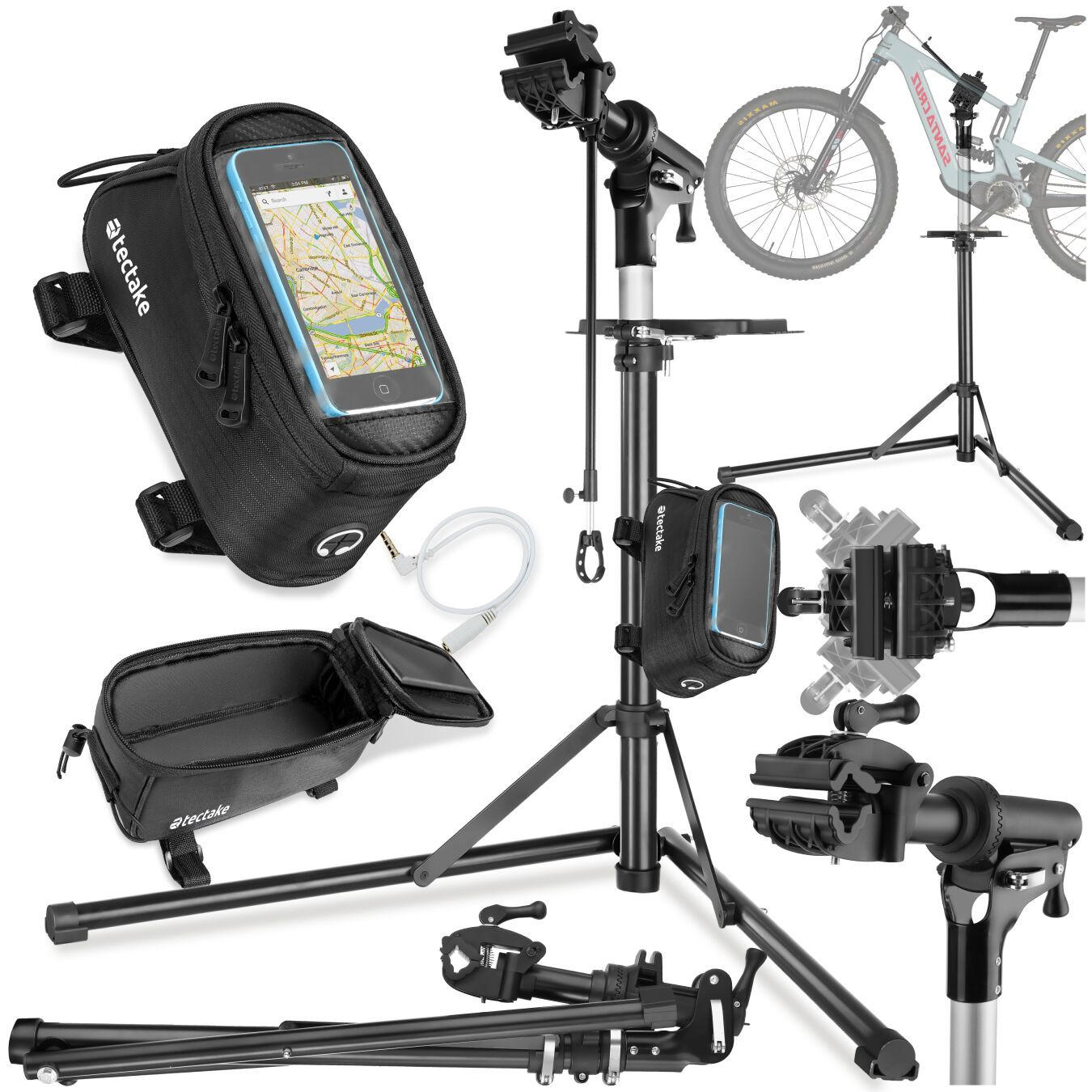 REPARATURSTÄNDER mit Rahmentasche ,wasserabweisende Rahmentasche mit Klettverschluss sowie Handyfach mit Touch-Sichtfenster,schwarz - Schwarz, Metall (81/169/108cm) - tectake