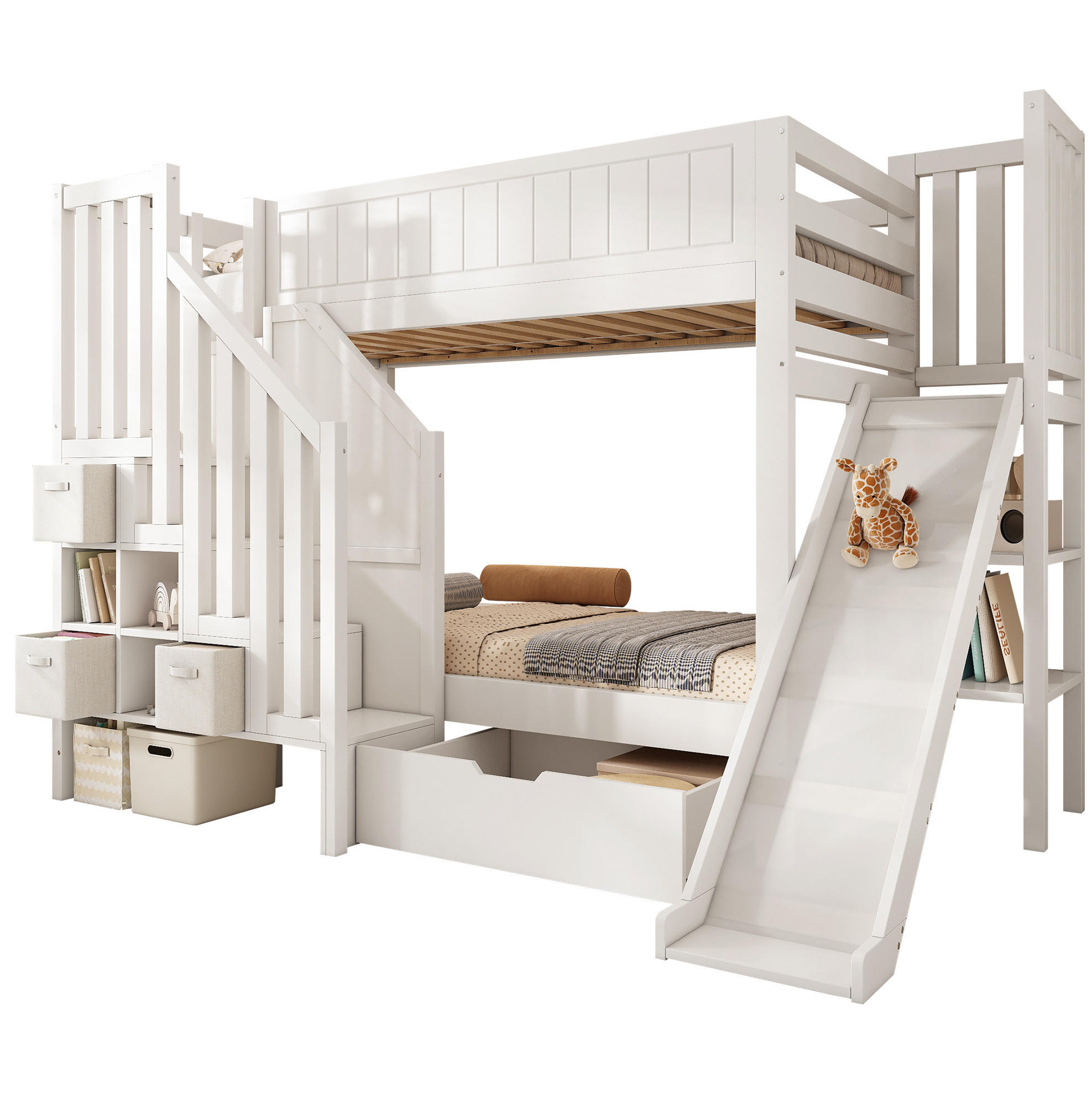 ETAGENBETT 90/200 cm Weiß mit Rutsche, Schubladen und Regalen ohne Matratze - Weiß, Holz (90/200cm) - MIVRAY