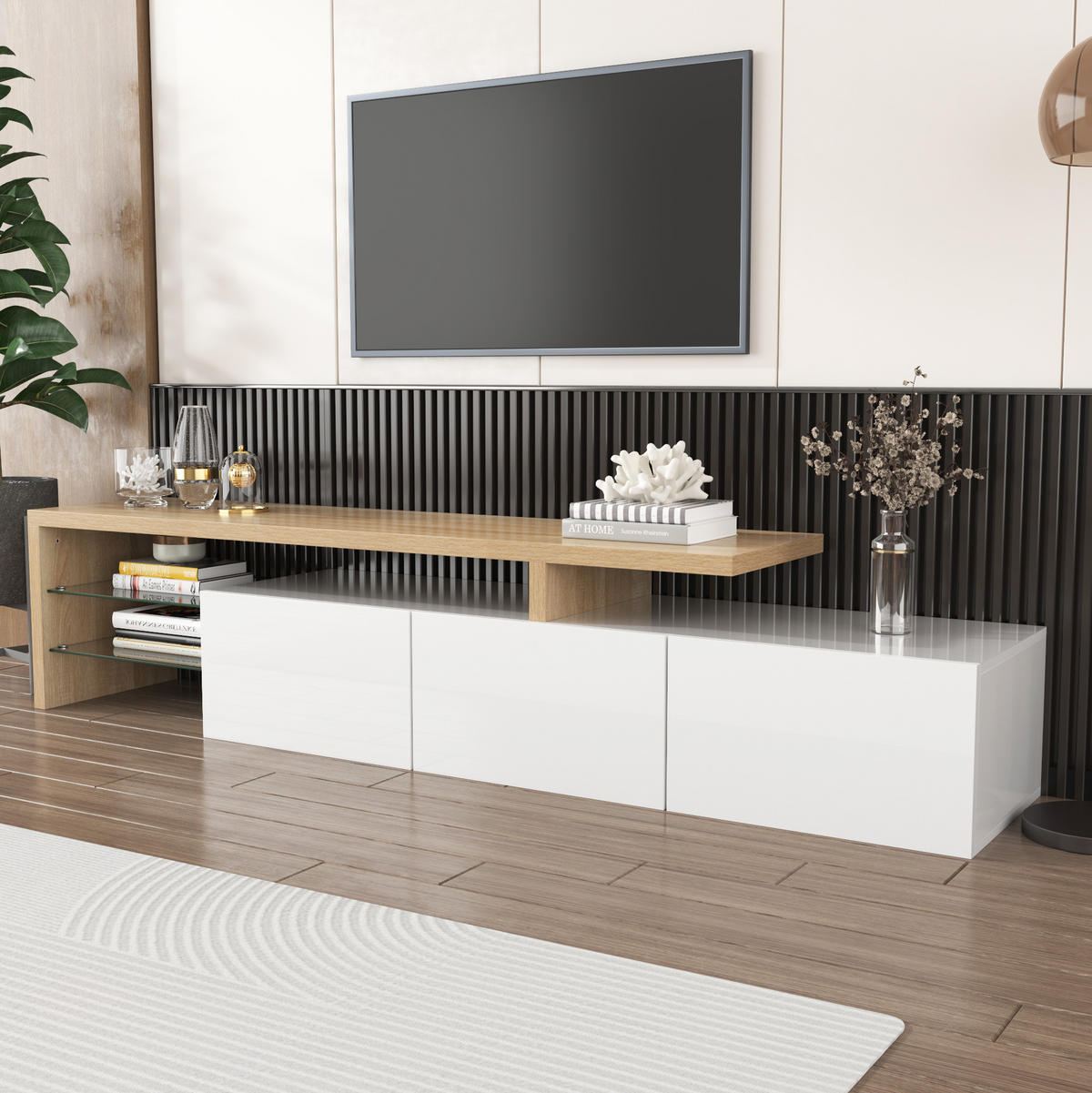 TV-SCHRANK und Glas in Weiß und Natur mit LED Beleuchtung 197.5/39/42 cm - Weiß, Holzwerkstoff (197.5/42/39cm) - Redom