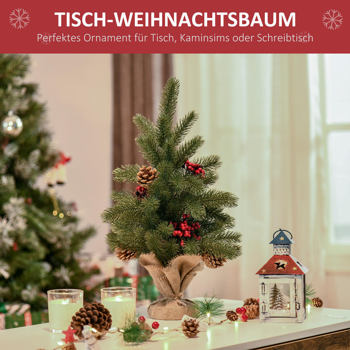 WEIHNACHTSBAUM DE-41616 Mini 50 cm, inkl. Schmuck und roten Beeren Grün/Mehrfarbig - Grün, Kunststoff (50cm) - ComfortXL