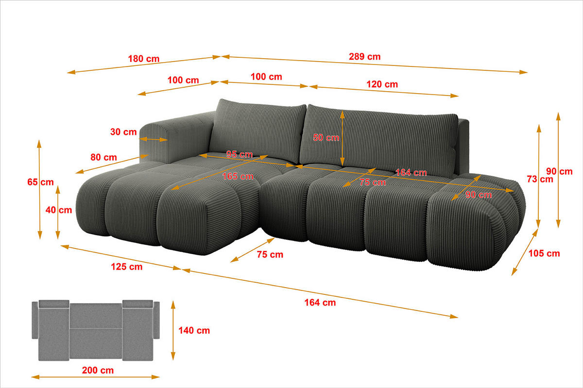 ECKSOFA Ottomane Links CLOUD-L 289x180x40 Dunkelgrau Cord - Dunkelgrau, Holzwerkstoff/Kunststoff (180/289cm) - ALTDECOR