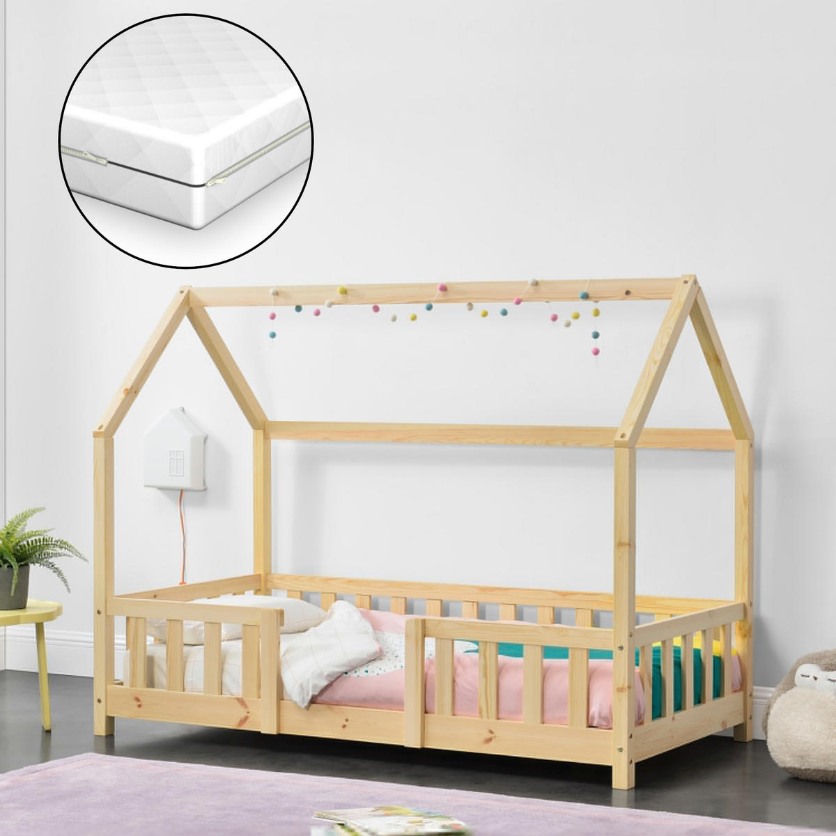 HAUSBETT Sisimiut mit Matratze - Naturfarben, Holz/Textil (70/140cm) - [en.casa]