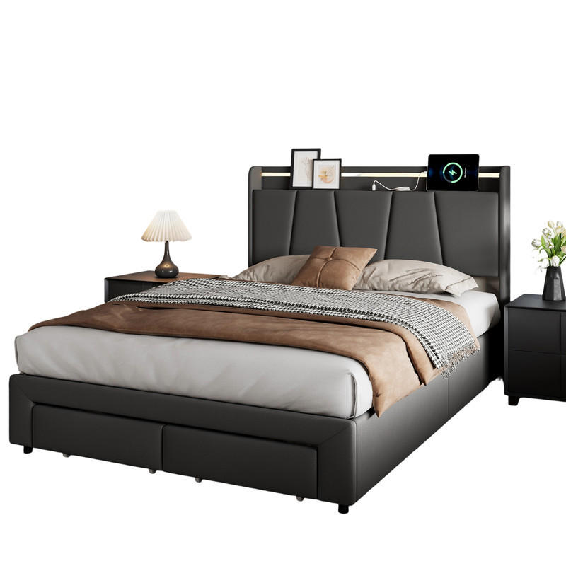 SHOPENTRA ČALOUNĚNÁ postel 160x200 cm šedá lněná LED USB zásuvka