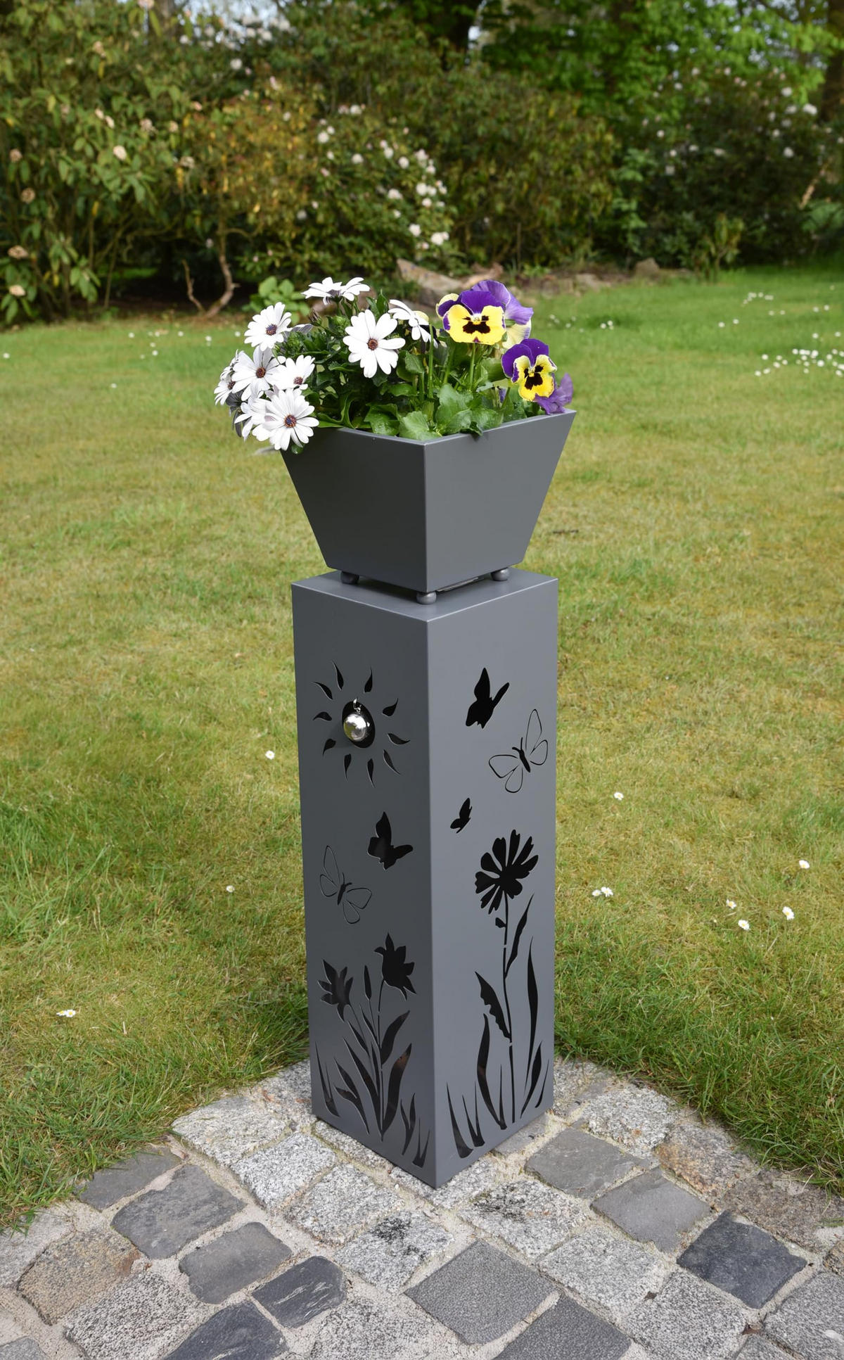 PFLANZSÄULE Lund mit Blumenmotiv Grau Stahl Pflanzkübel - Grau, Metall (82cm) - DELUKE