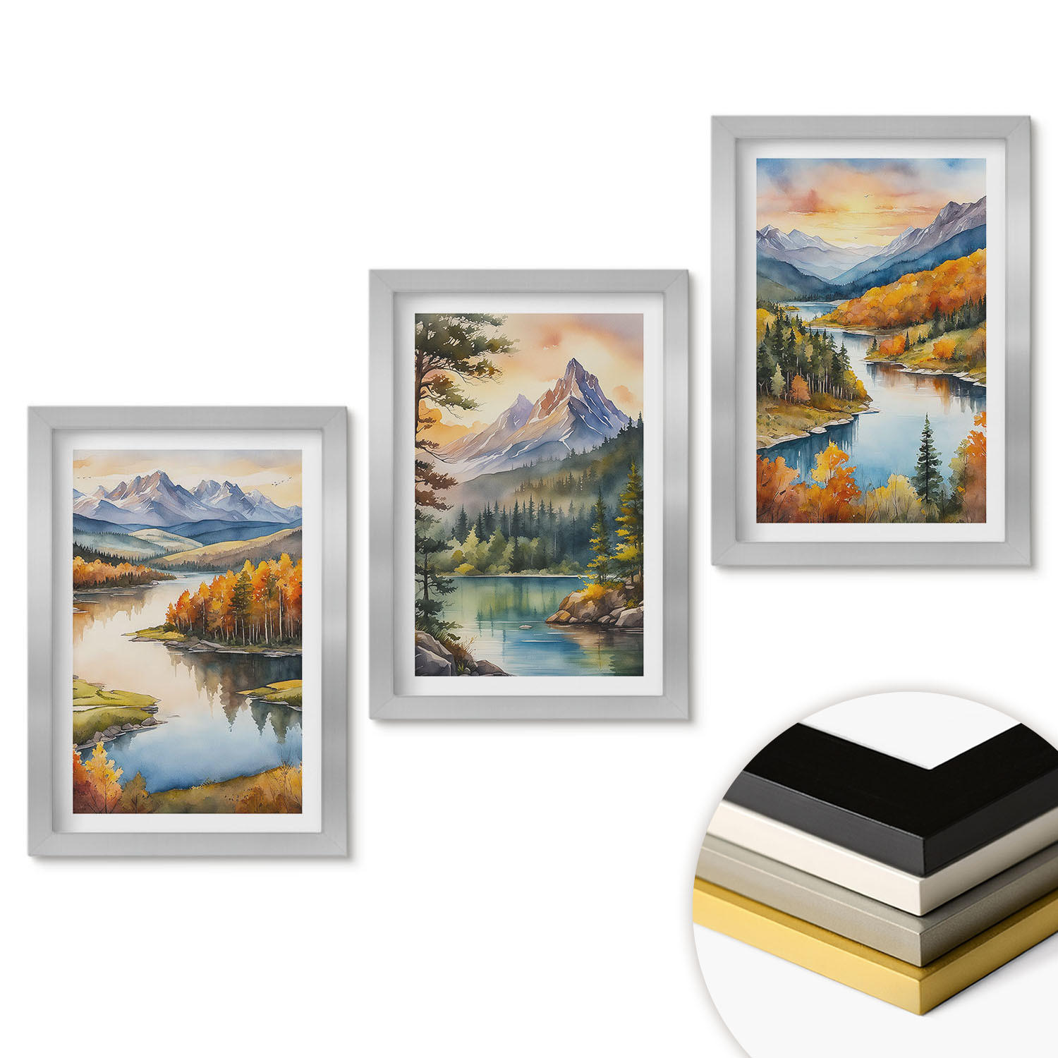 WANDBILDER 3er Set - 20x30 cm Silberner Rahmen - Berglandschaften mit einem Fluss - Silberfarben, Kunststoff (20/30cm) - ArtPrintCave
