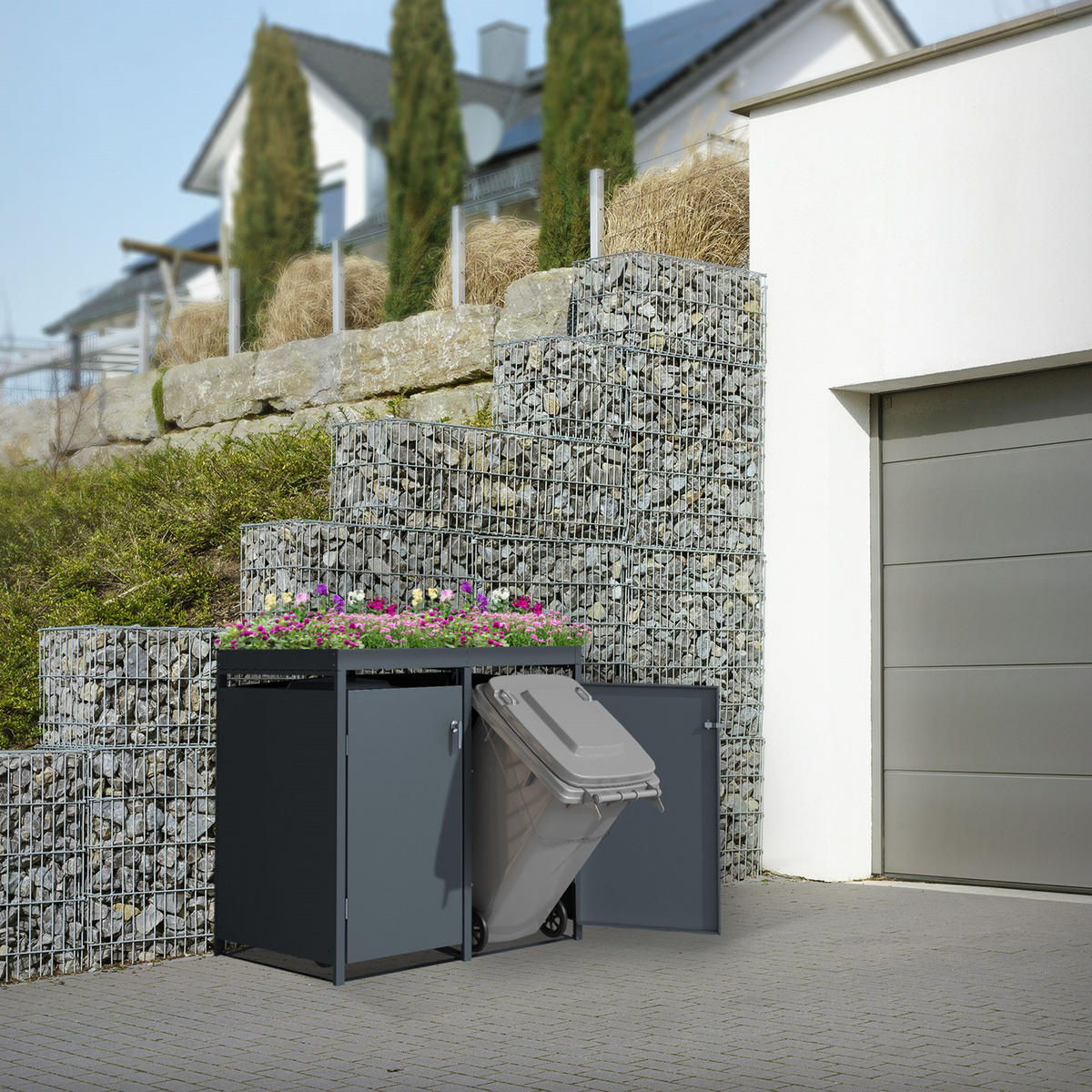 MÜLLTONNENBOX 2er mit Pflanzdach Anthrazit - Anthrazit, Metall (132/124/80cm) - ML-DESIGN