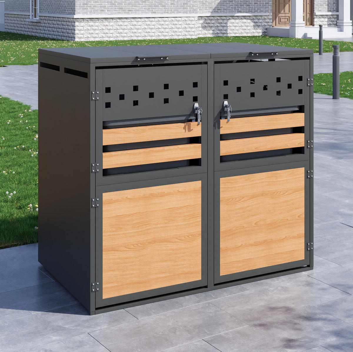 MÜLLTONNENBOX aus Stahl in Grau/Holzoptik mit hydraulischem Klappdeckel 132x80x120 cm - Grau, Metall (132/120/80cm) - Modfu