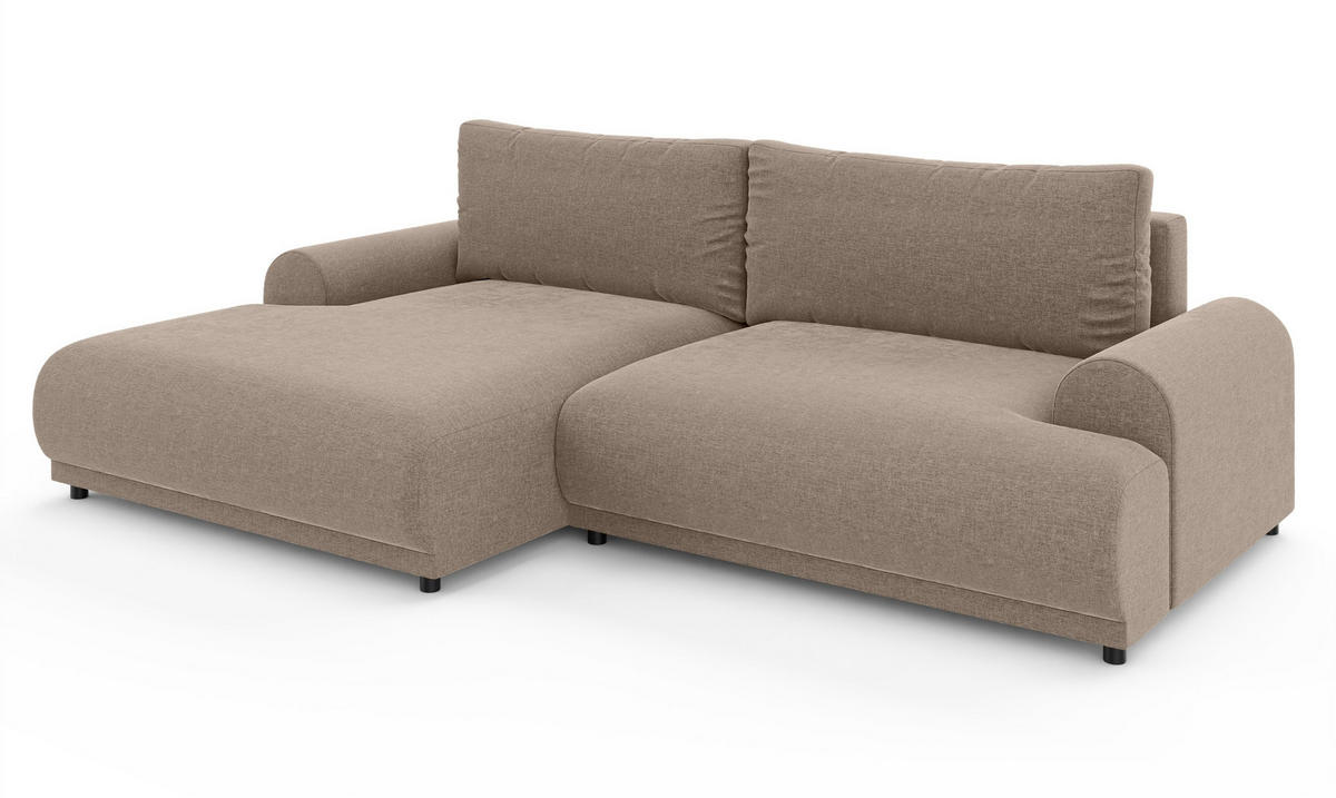ECKSOFA mit Schlaffunktion, Bettkasten, extrabreite Ottomane links, abgerundete Armlehnen, B240/T145/H81 cm, Chenille Hellbraun / 21022 - Hellbraun/Schwarz, Kunststoff/Textil (240/145cm) - luma-home