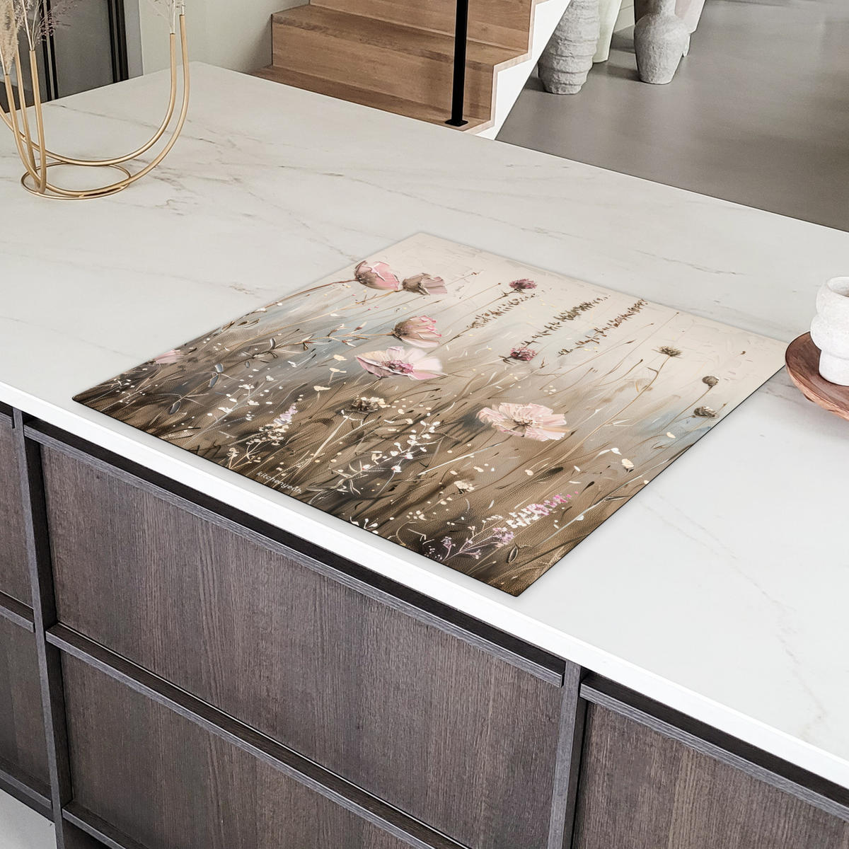 HERDABDECKPLATTE Blumen - Beige - Trockenblumen 78x78 cm - Beige, Kunststoff (78/78/0.2cm) - MuchoWow