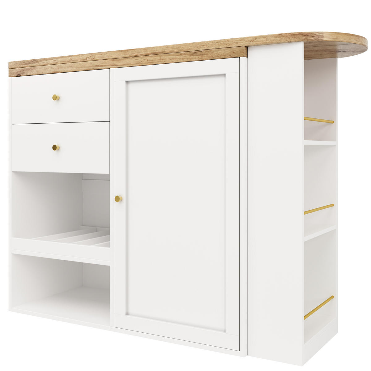 BARSKA miza 138/39/104 cm z vrtljivimi stranskimi regali, 4 predali in odprtimi policami, bela - bela, leseni material (39/102/105cm) - Redom