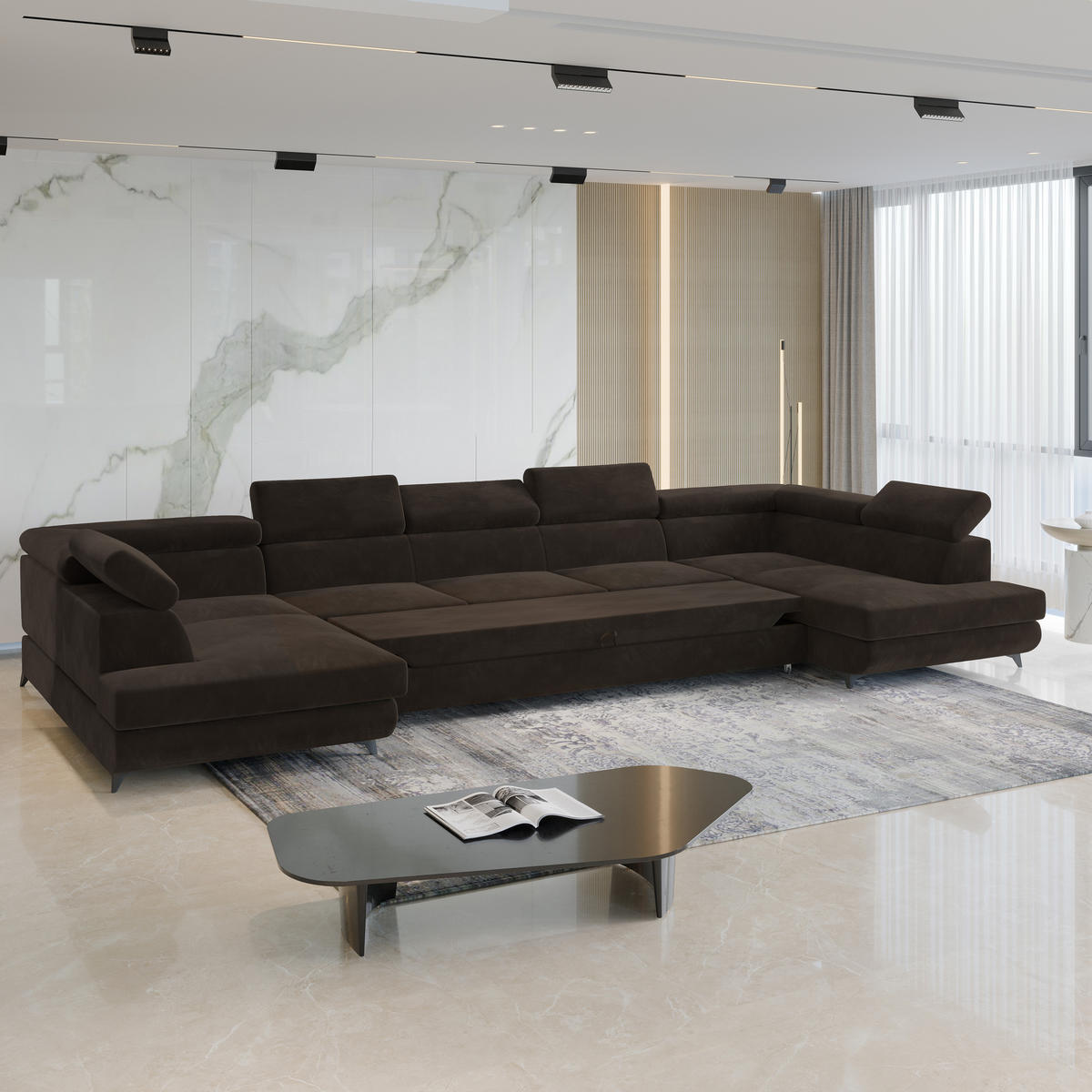 WOHNLANDSCHAFT URMANO Braun Velours-Stoff mit Schlaffunktion - Braun, Holz (395/89/190cm) - MASSENO