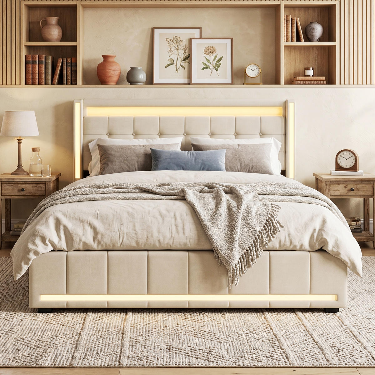 POLSTERBETT Geometrisch 180/200 cm mit 4 Schubladen & App-LED Leinenoptik Beige - Beige, Textil (180/200cm) - Creahappy