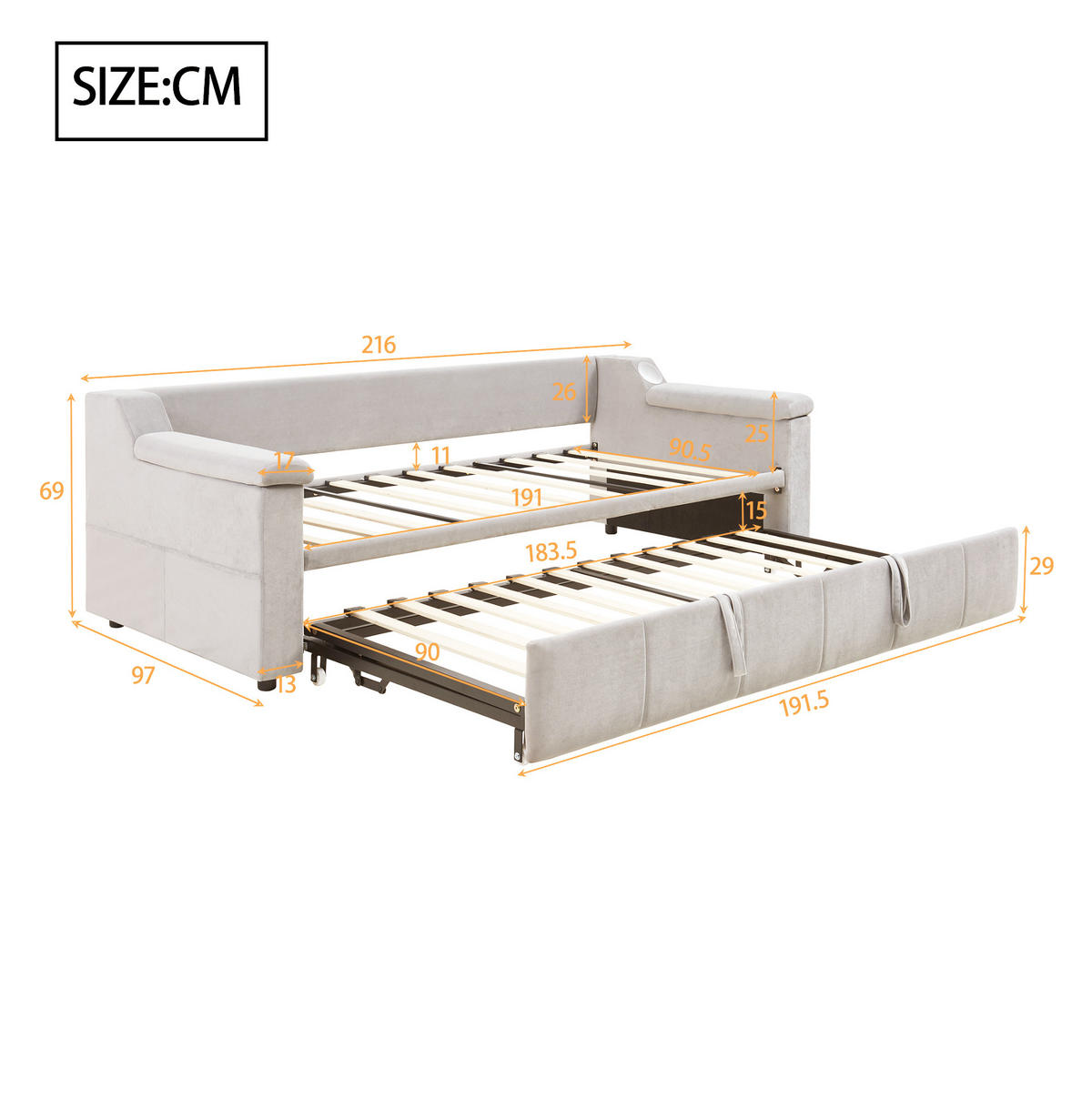 ČALÚNENÁ posteľ 90/180x190 cm s hydraulickým vysúvaním, Bluetooth stereo, USB a úložnými priehradkami, Béžová - béžová, textil (90/190cm) - Redom